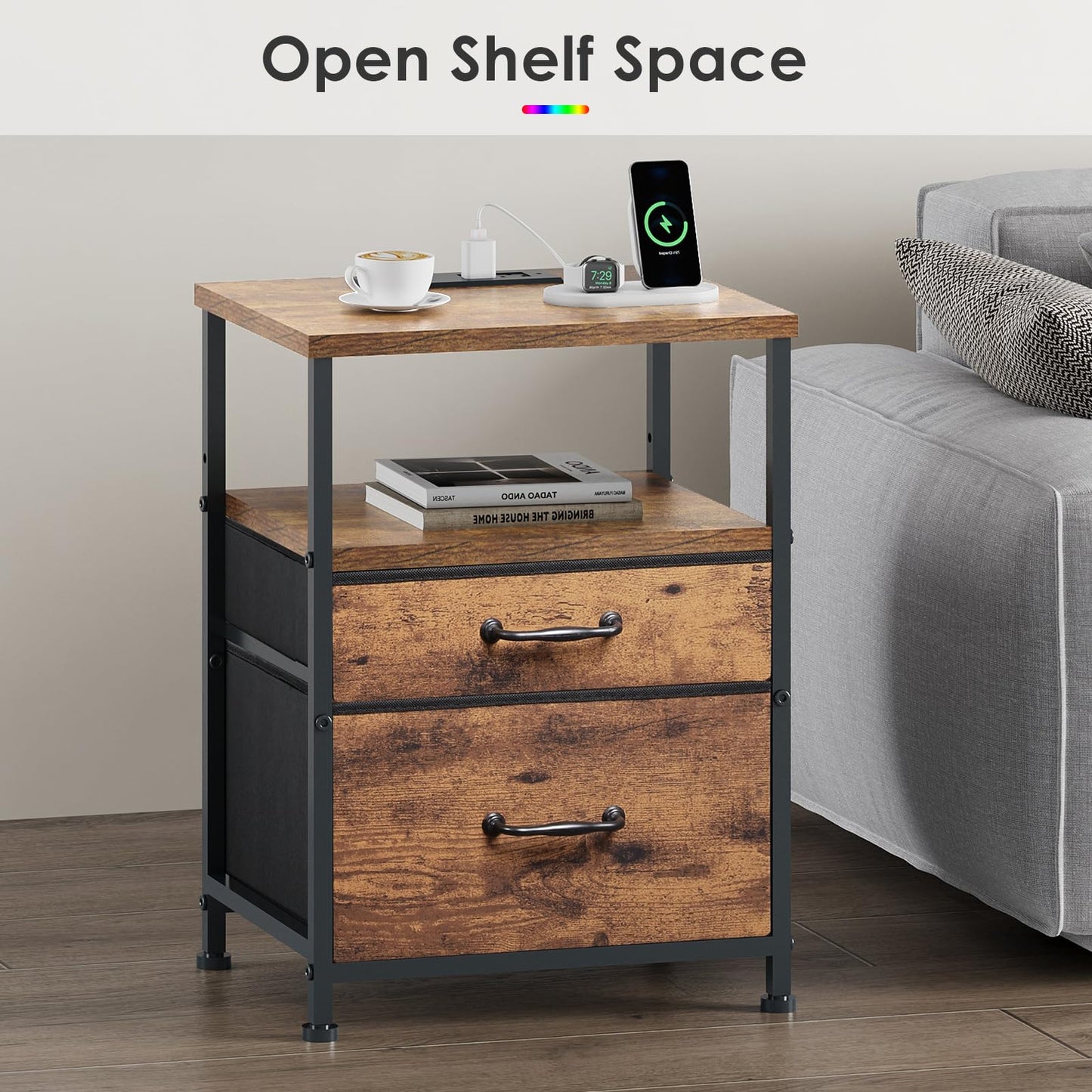 YeTom Nightstand with Charging Station Set of 2, LED Night Stand with 2 Fabric Drawers, Side Table with Open Shelf, End Table with Steel Frame, 2 Drawer Dresser for Bedroom, Brown