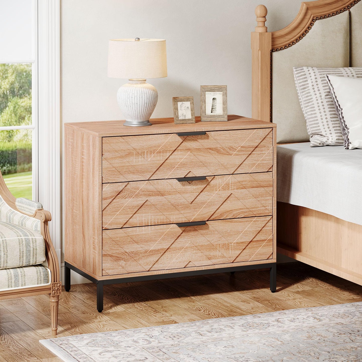 Tribesigns Wooden Nightstand with 3 Drawers, 31" Wide Night Stand with Metal Legs, Modern Large Bedside End Table for Bedroom, Living Room (1)