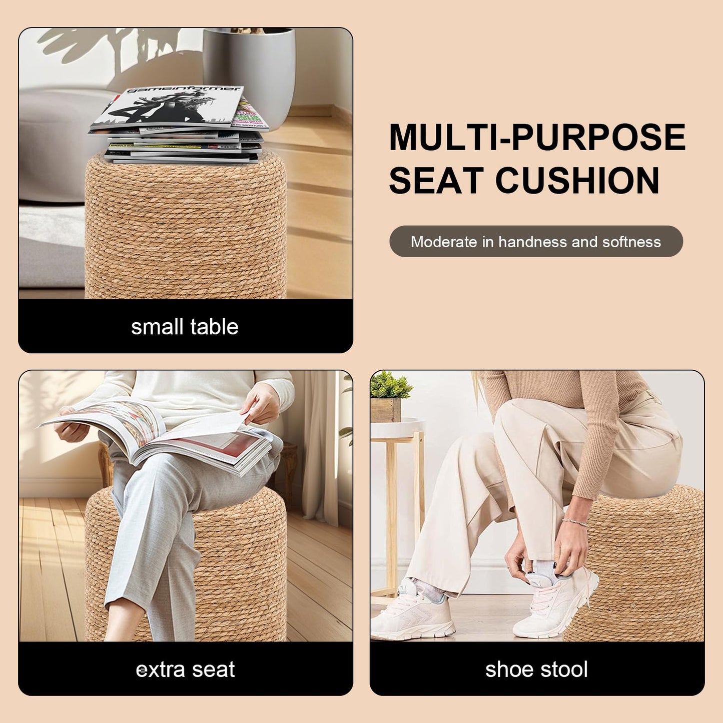 SJGUOJI 16'' Round Ottoman Natural Seagrass Braided Poof Hand Weaving Round Ottomans Boho Footrest Stool for Home Living Room Bedroom Patio(Natural)