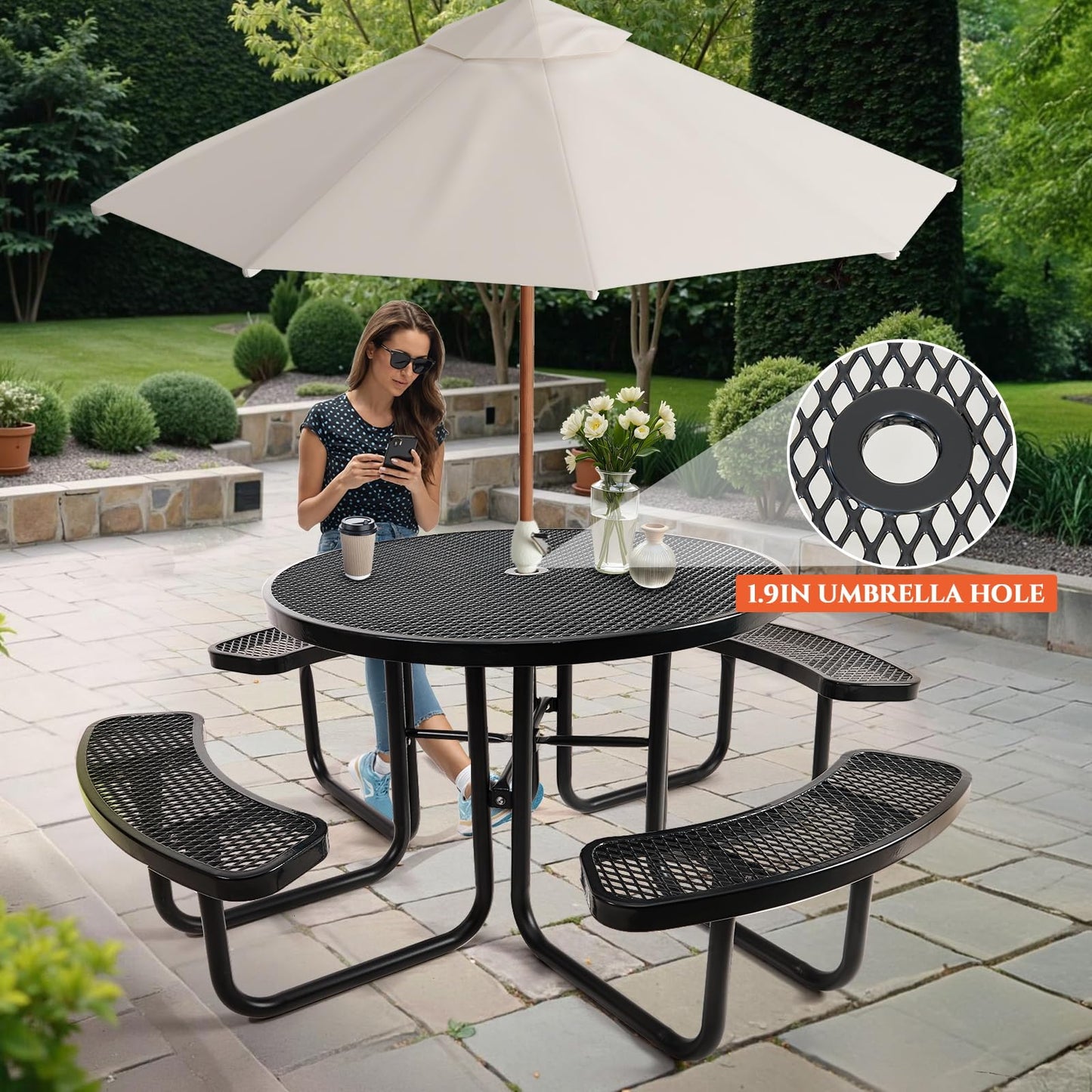 Jinrrenyi 46IN Circle Metal Picnic Table Set with Umbrella Hole and Benches for Outdoor, Expanded Heavy Duty Metal Commercial Grade Patio Dining Furniture for Yard Patio Lawn Party Coffee, Black