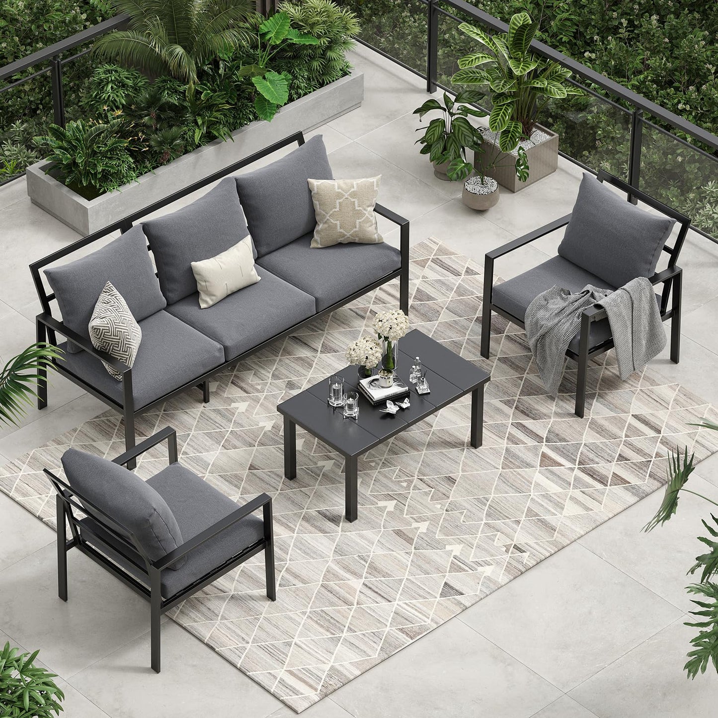 Soohow Patio Furniture Set,5 Pieces Outdoor Patio Furniture with Coffee Table Set,Metal Conversation Set with Waterproof Fabric & High-Resiliency Cushions(Grey)