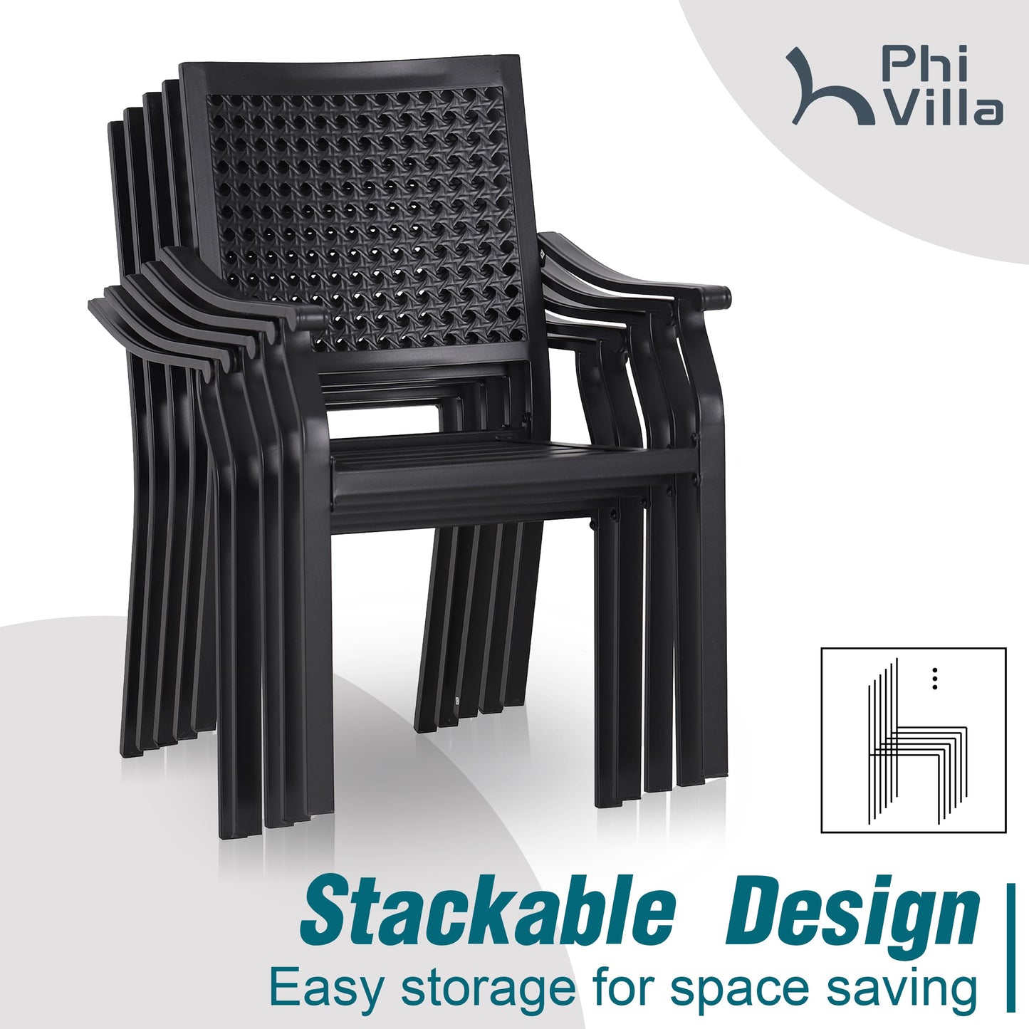 PHI VILLA 5 Pieces Outdoor Round Dining Set for 4, Steel Circle Table with Umbrella Hole & Stacking Wrought Iron Chairs, Morden Dining Furniture Set for Patio, Deck, Yard, Porch