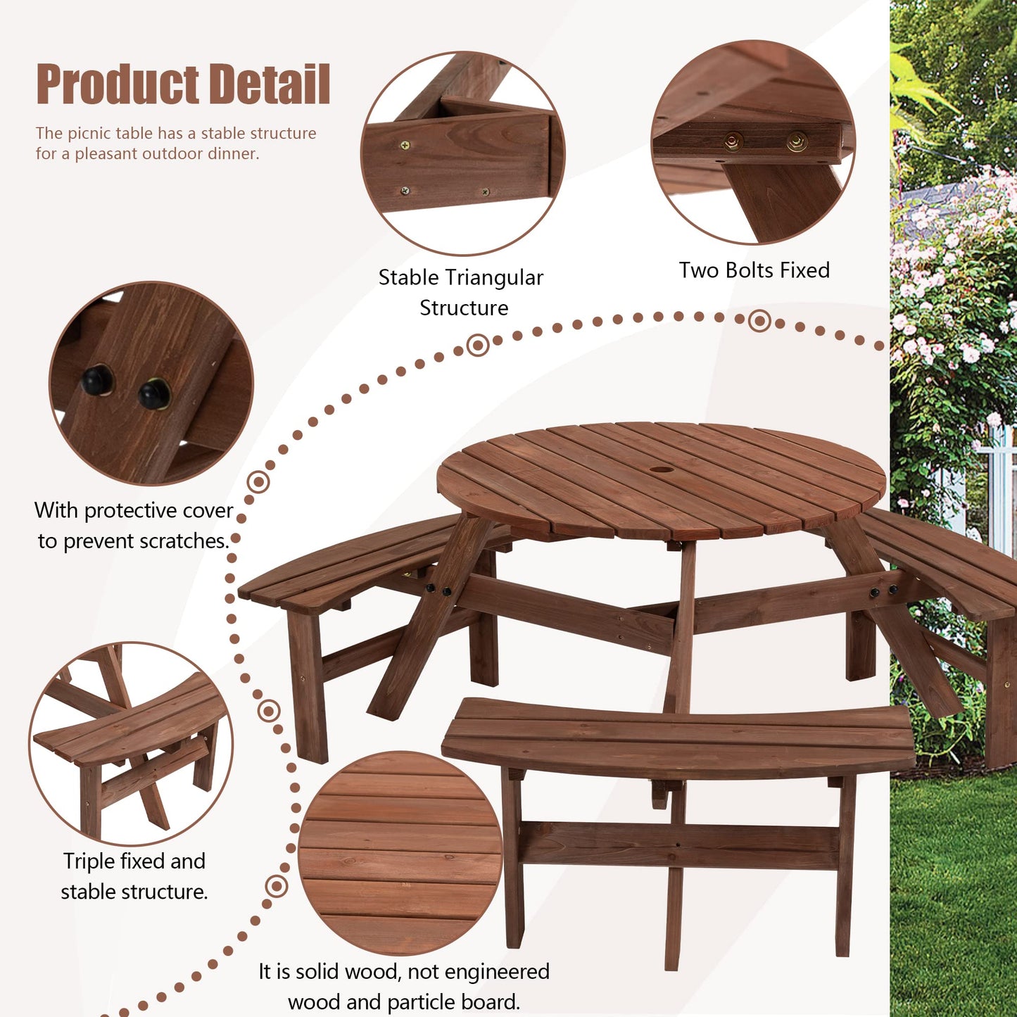 SSLine 6-Person Solid Wood Picnic Table Outdoor Round Picnic Table and Bench Set with Umbrella Hole Outside Wooden Table and Chairs Set for Patio Backyard Garden Lawn (Dark Brown)