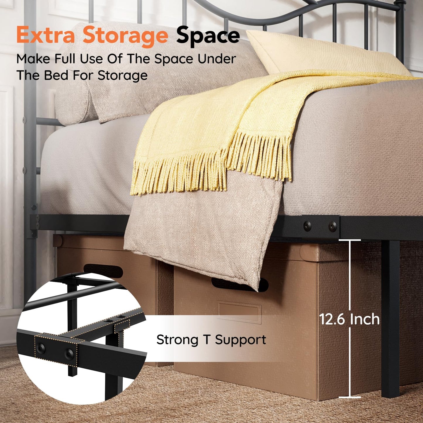 Florise Queen Size Bed Frame with Headboard,14 Inch Tall Metal Platform Bed Frame Mattress Foundation with Footboard, Under Bed Storage, Strong Metal Slats Support, No Box Spring Needed, Black