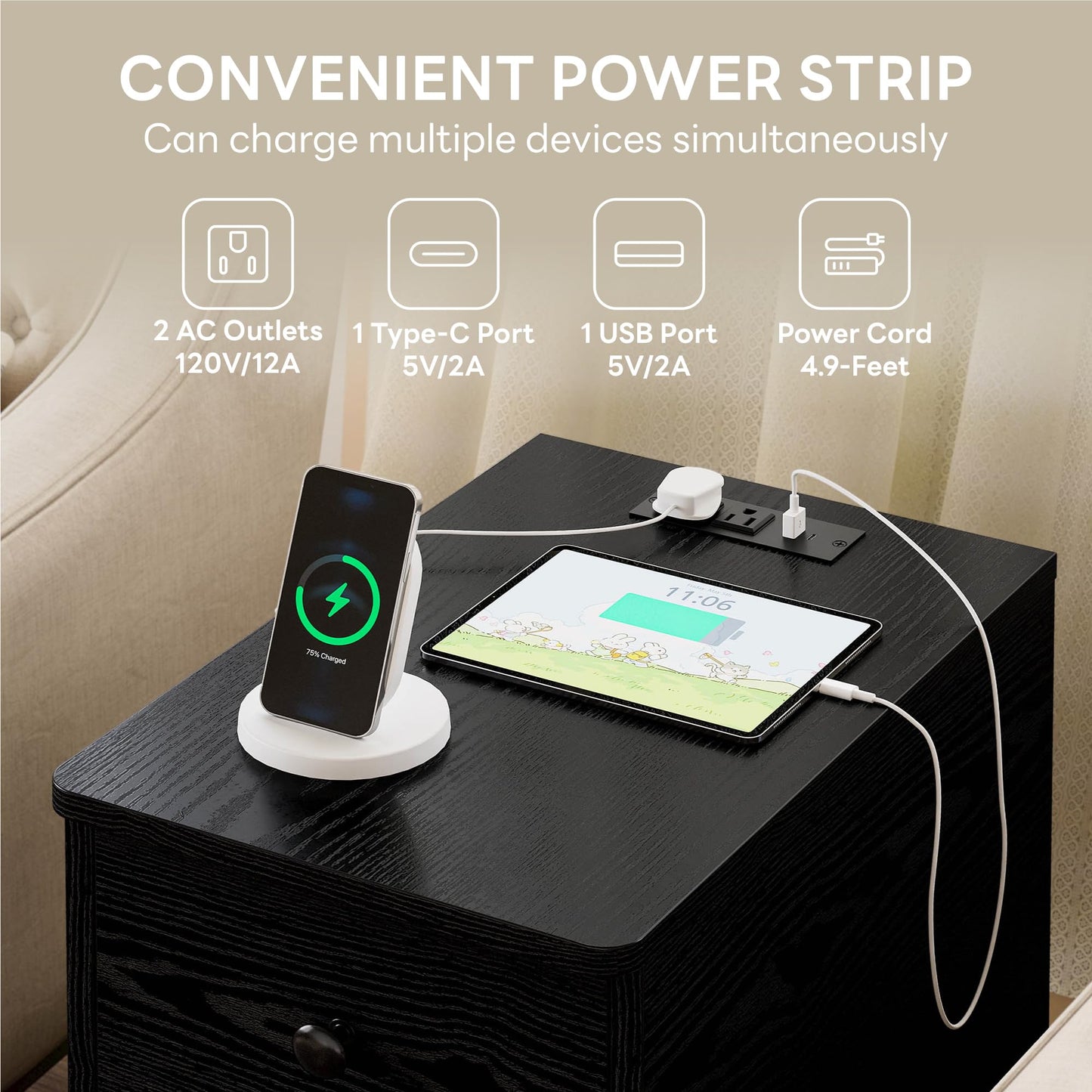 LIKIMIO Nightstand with Charging Station, Narrow Bedside Table with 3 Drawers, End Table with USB Ports and Outlets, Side Table for Living Room/Bedroom Modern