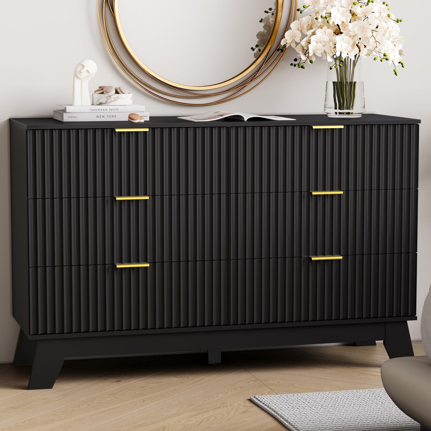 HUANLEGO 6 Drawer Dresser for Bedroom, Black Fluted Dressers Chest of Drawers with Gold Handle, Wood Mid Century Modern Dressers for Closet, Bedroom Dresser Storage Organizer for Living Room, Hallway