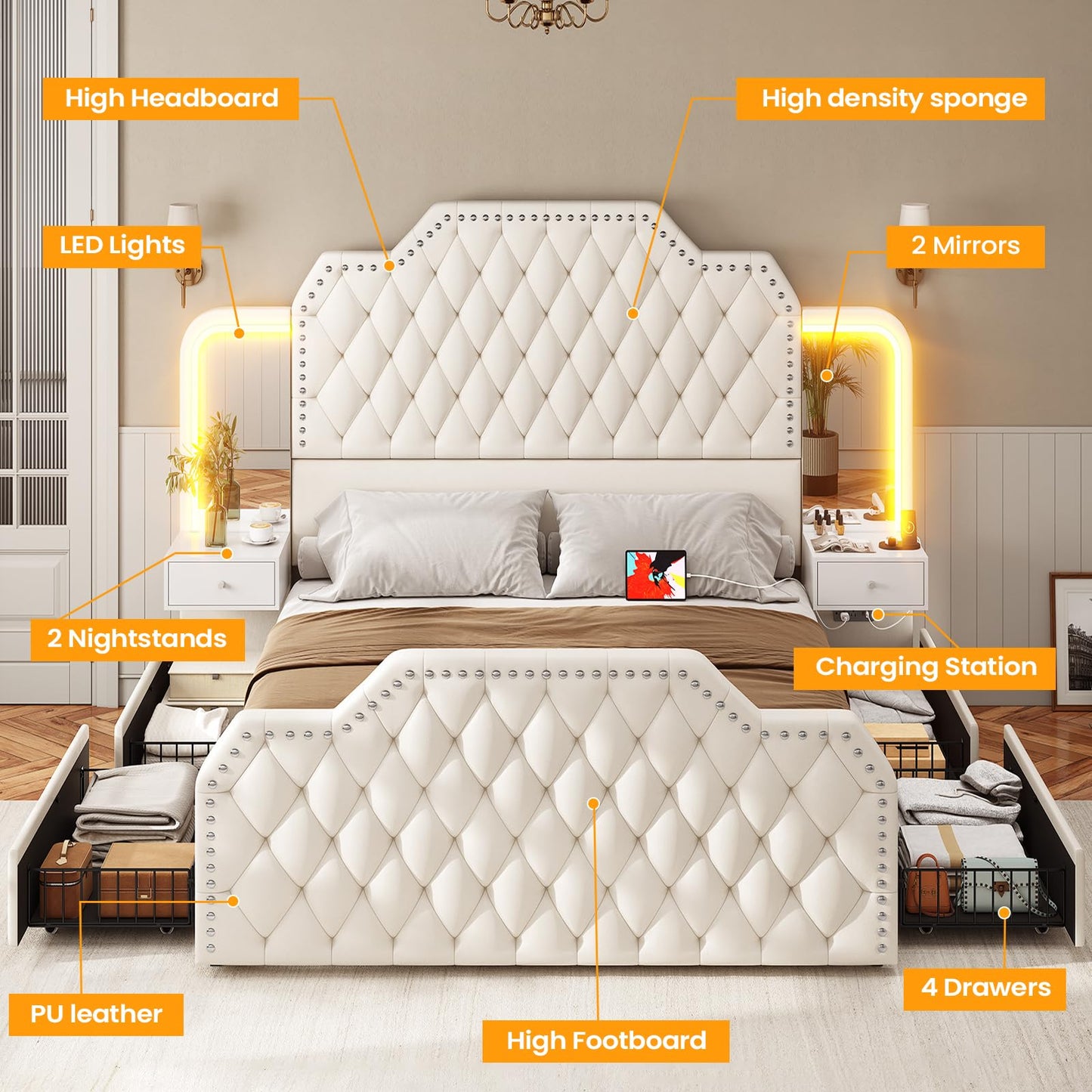Itaar Queen Bed Frame with 53" Tall Headboard and 4 Storage Drawers, PU Leather Upholstered Platform Bed Frame, Built in Charging Station & Led, 2 Nightstands with Mirror, White