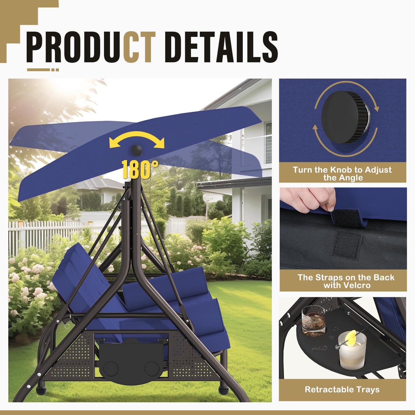 Betterland 3-Seat Patio Swing Chair, Outdoor Porch Swing with Cushions,Pillows & Cup Holders, Adjustable Canopy Outside Bench Swing for Porch，Backyard,Garden(Blue)