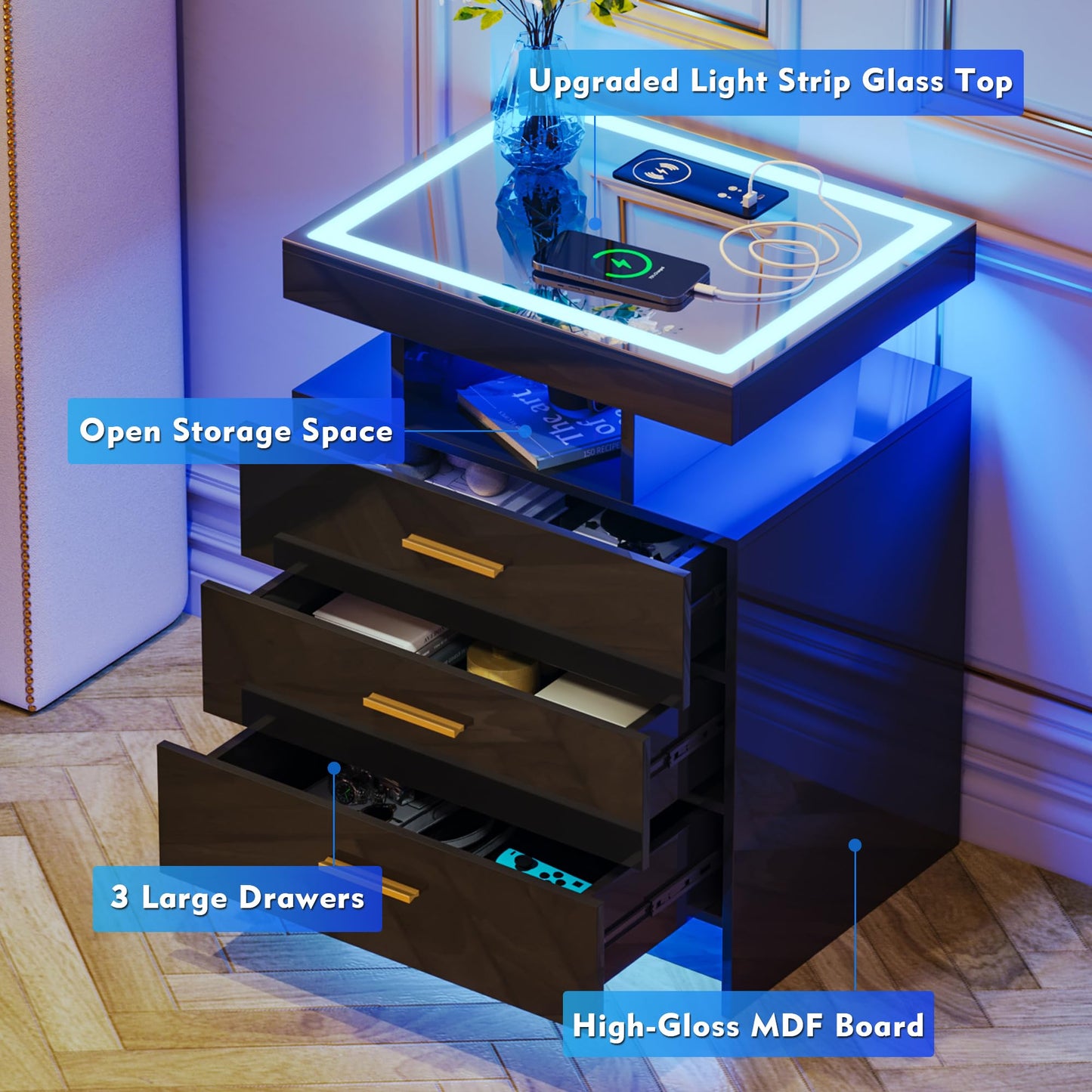 Lvifur 2 Set Nightstands with Wireless Charging Station, Auto Sensor 3 Color Dimmable LED Night Stand, Modern Bedside Table with 3 Drawers & 3 Open Compartments (2 x Black)