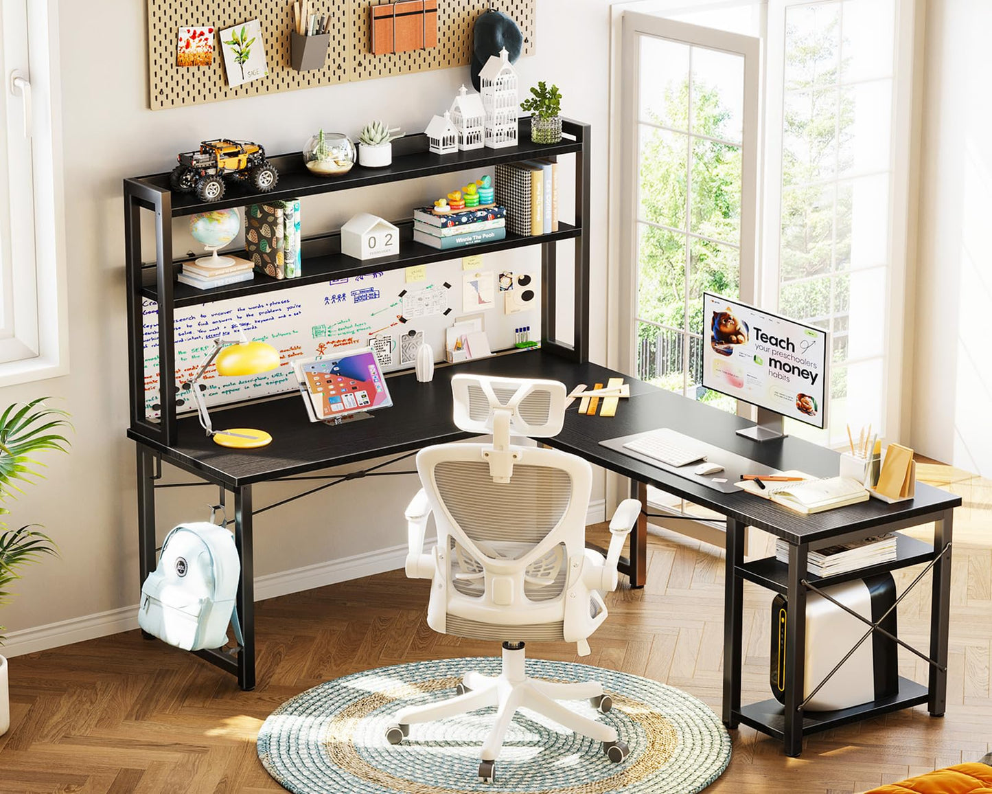 ODK L Shaped Gaming Desk with Hutch, Computer Desk with Storage Shelves, 66" L Shaped Desk for Home Office, Corner Desk with Headphone Hook, Black