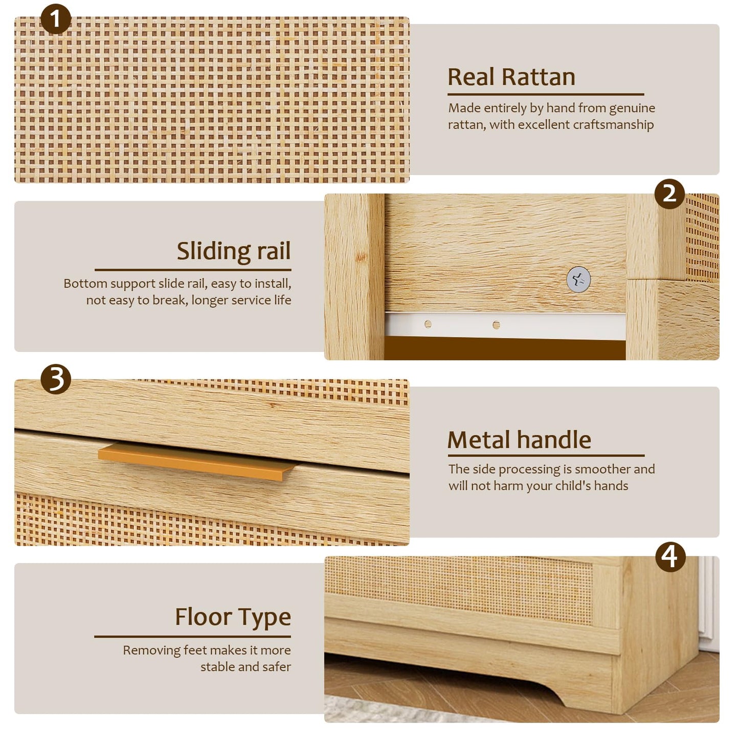HOPUBUY 8 Drawer Dresser for Bedroom, Rattan Modern Closet Dressers Chest of Drawers, Boho Wood Double Wicker Dresser Storage Closet for Bedroom, Living Room, Entryway (Natural)