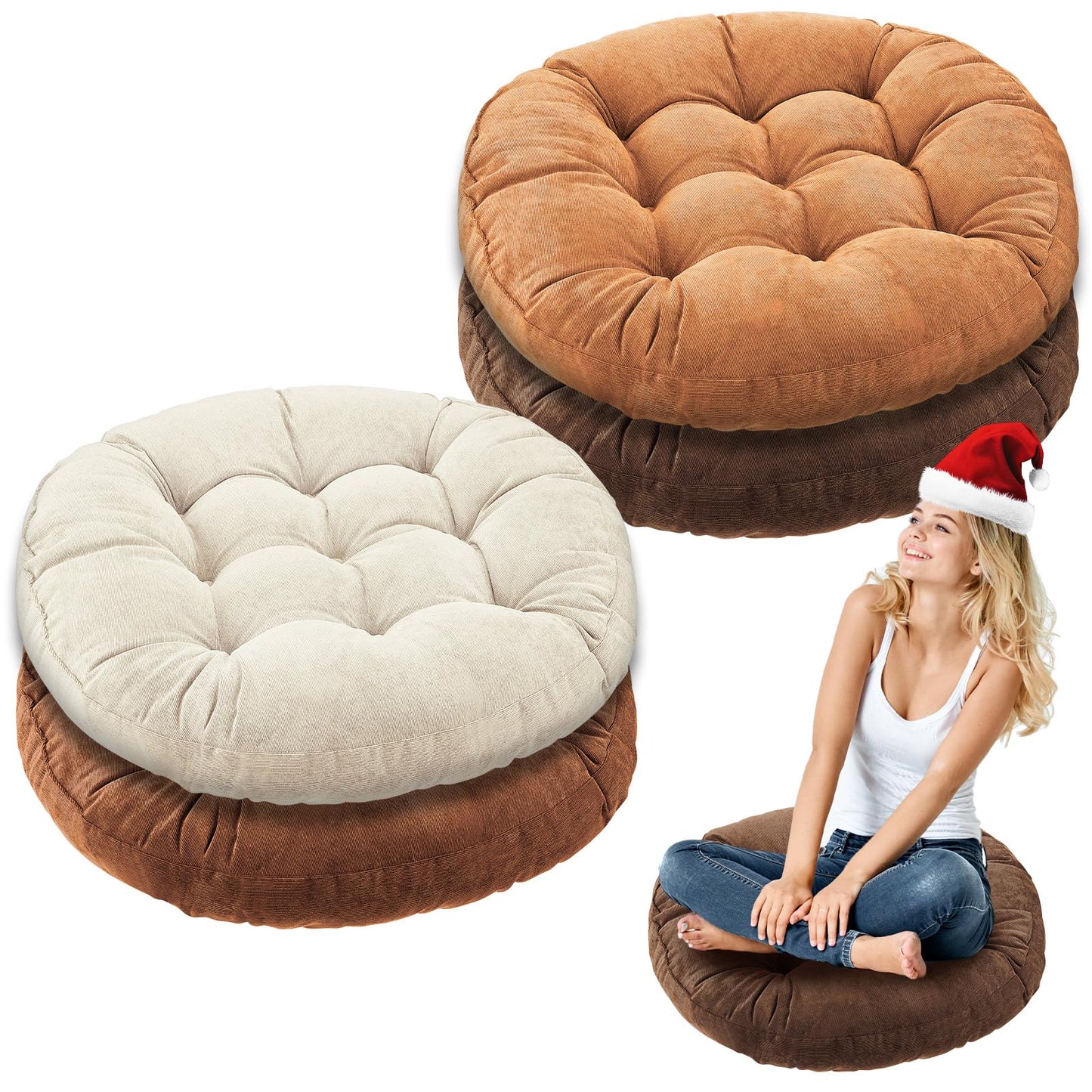Jerify 4 Pcs Floor Pillow Cushions 22 x 22 Inch Round Square Large Meditation Floor Pillow for Classroom Adult Meditation Picnic Party Cushion for Seating Gift Christmas(Brown,Round)