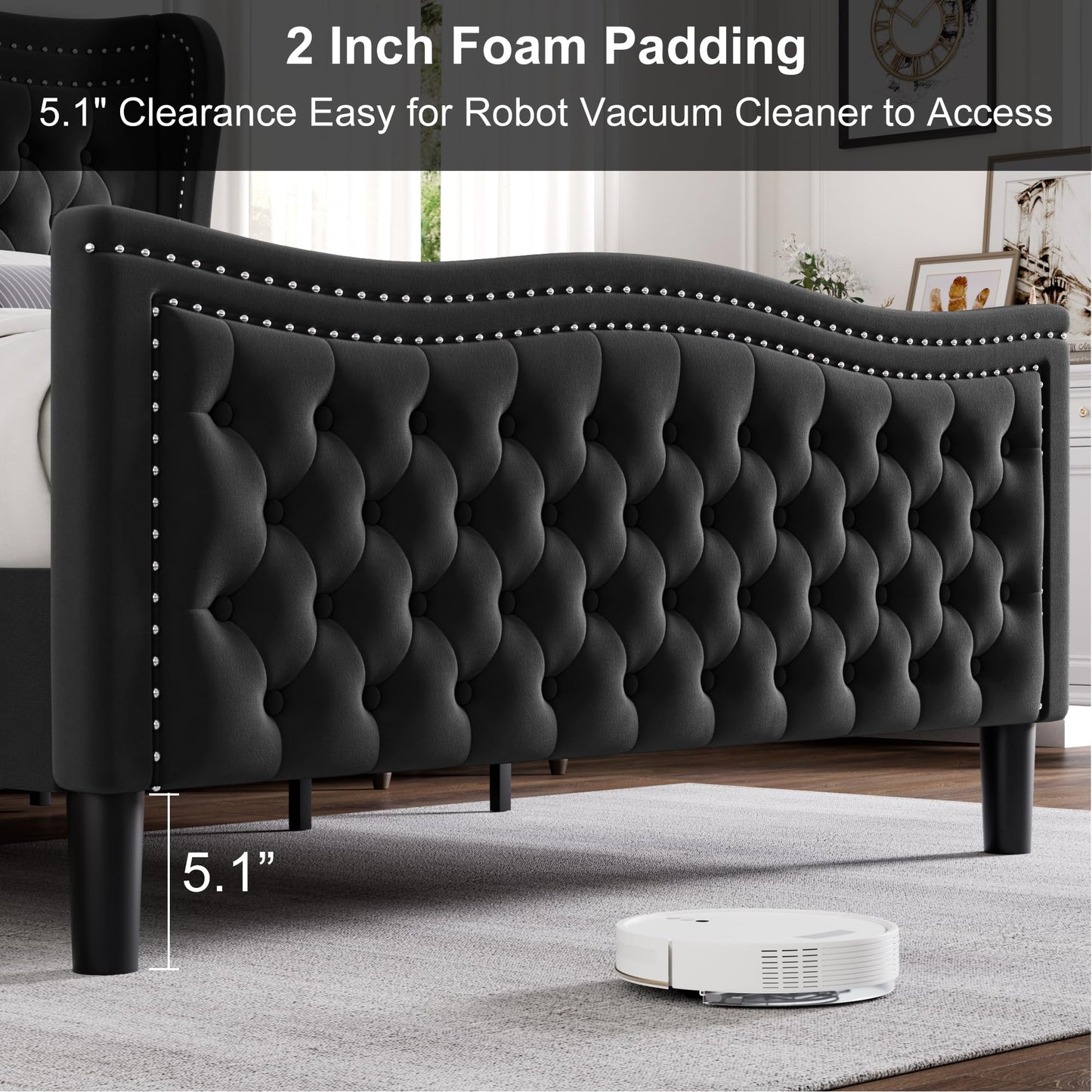 Generic Queen Bed Frame, 52"" Headboard Upholstered Bed with Tall Footbaord, Velvet Upholstered Deep Button Tufted Wingback Platform Bed, No Box Spring Required/Wood Slat Support/Black