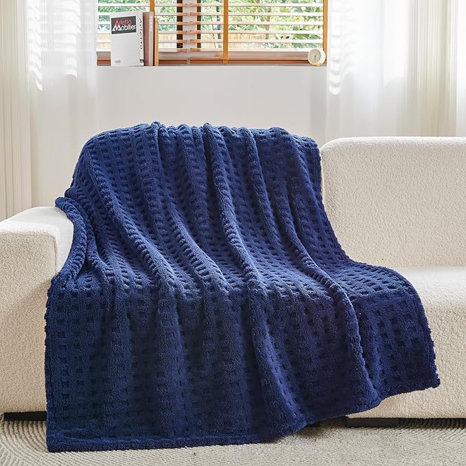 NEWCOSPLAY Super Soft Throw Blanket Navy Premium Silky Flannel Fleece 3D Waffle Checkered Lightweight Bed Blanket All Season Use (Dark Navy, Throw(50"x70"))