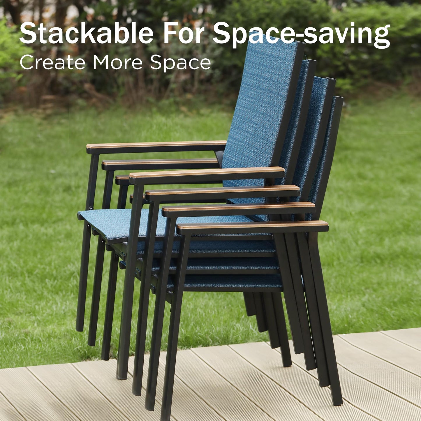 PHI VILLA Outdoor Stackable Chairs, Patio Chairs Set of 6, Light Weight Aluminum Frame with Textilene Fabric & Wood Armrest, High Back Deck Chairs for Poolside Lawn Garden, Blue