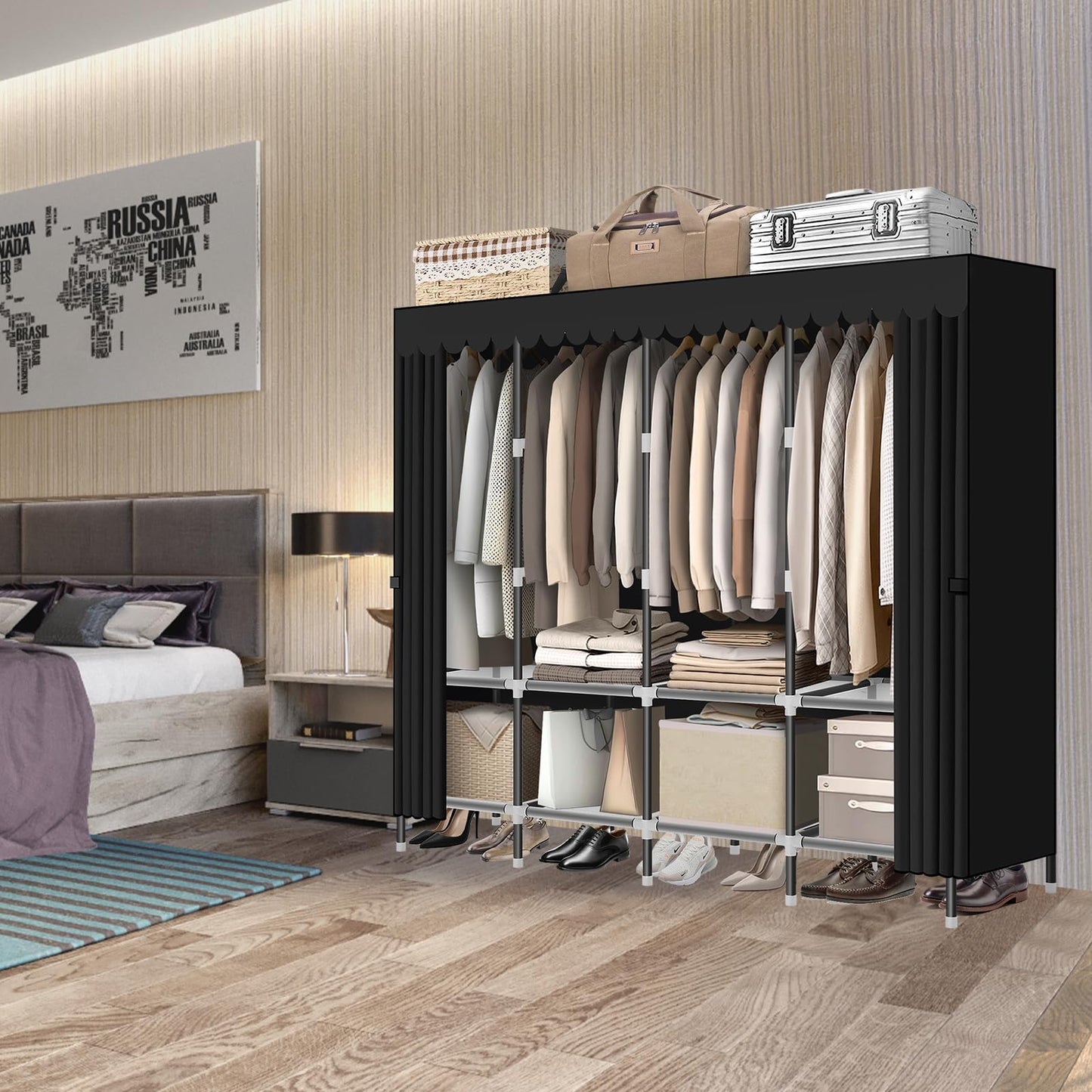 LOKEME Wardrobe Closet，Black Portable Closet with Zippers，65.4Inches 19mm Diameter，Portable Closets for Hanging Clothes，with 4 booms and Storage cabinets，Spacious Large -Capacity Storage Space