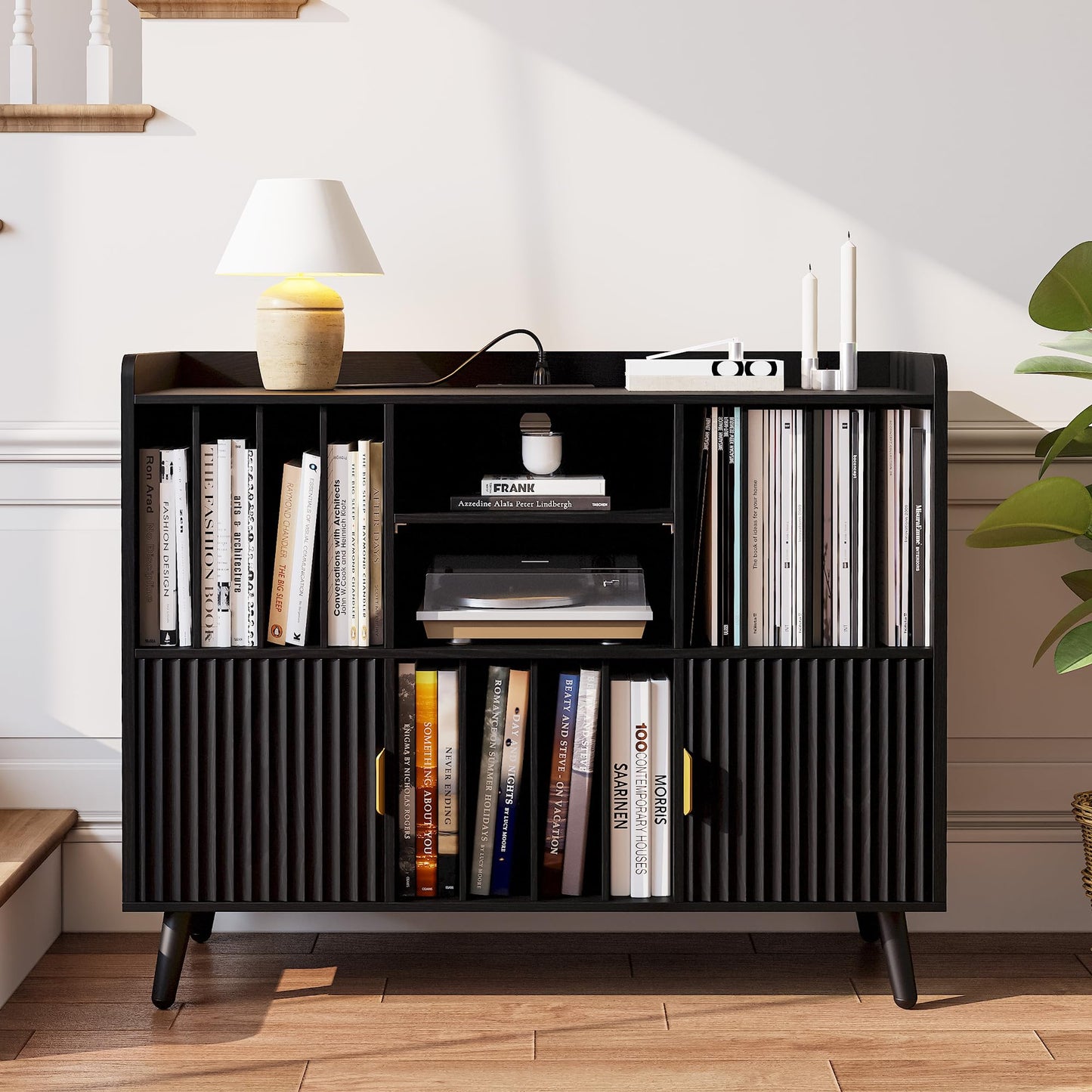 IRONCK Storage Shelf Bookcase, Bookshelf with Doors, Multifunctional Display Cabinet with Power Outlet, Suitable for Various Scenarios, Black
