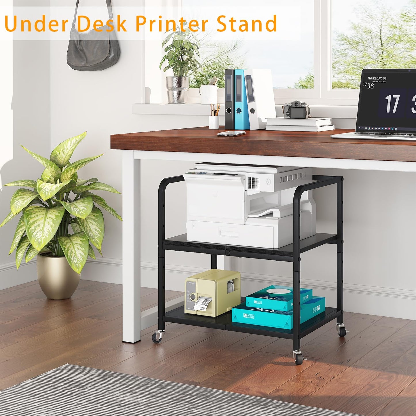 Heakrit 21"x15.8" Large Printer Stand with Storage, 2-Tier Under Desk Printer Table, Rolling Printer Cart with Lockable Wheels for Home, Office (Black)