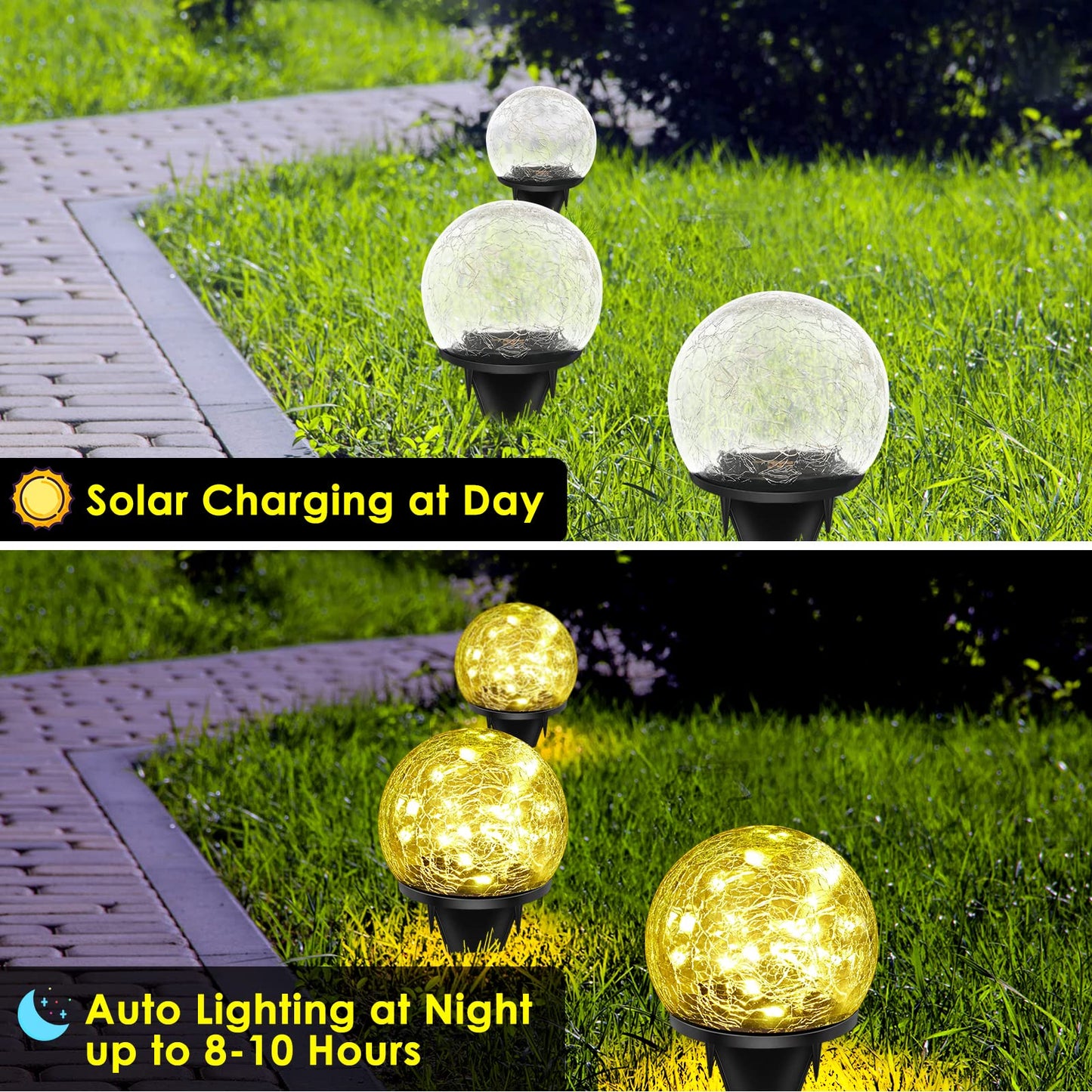 Keevvon 2 Pack 60 LED Solar Garden Lights Outdoor Decoration, Cracked Glass Solar Globe Lights, Upgraded Waterproof Warm White Ball Lights for Yard Pathway Patio Halloween Christmas Outside Decor