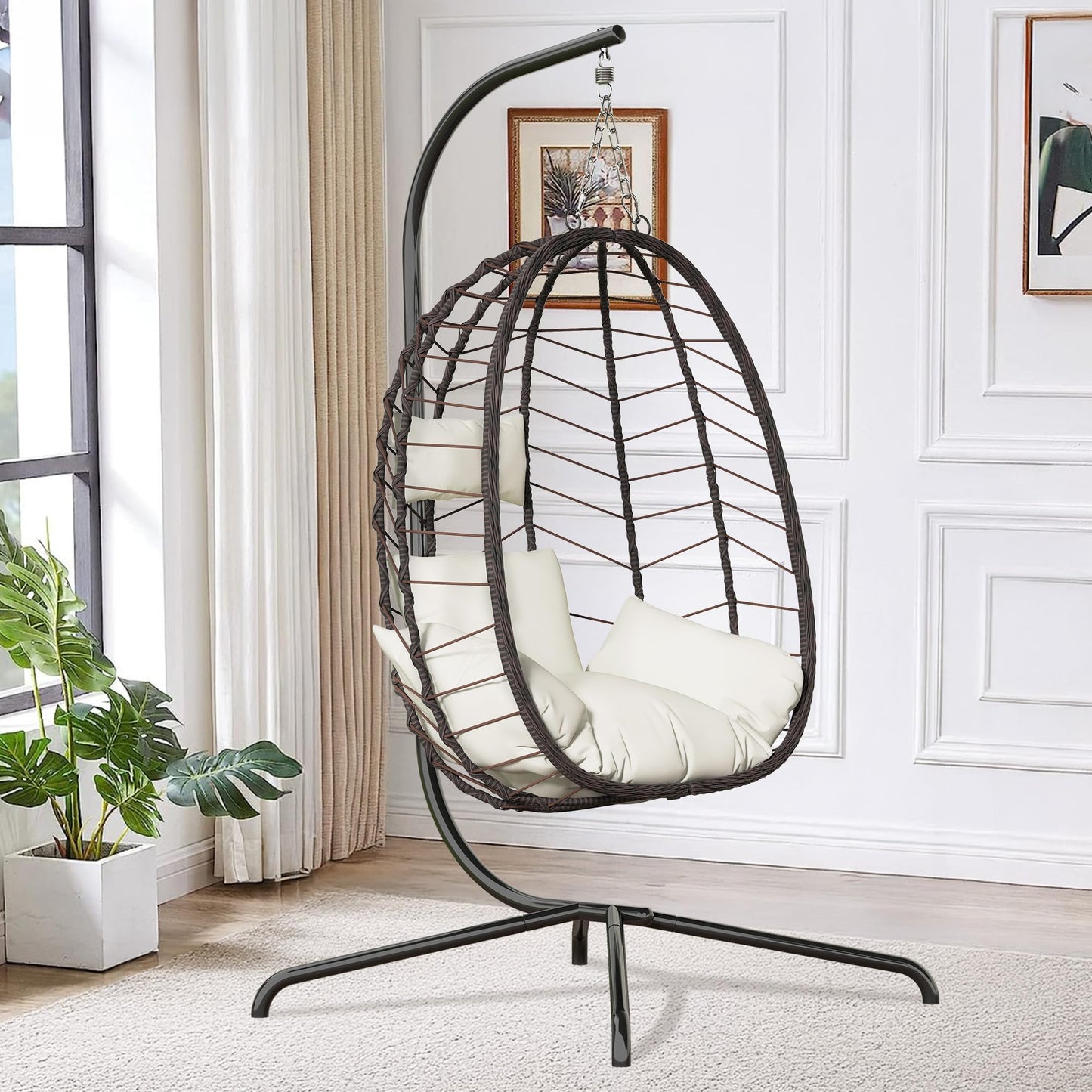 LEX CRAFT Hanging Egg Chair with Stand, Swinging Egg Chair Outdoor Indoor, Hanging Basket Chair with Cushion, Patio Wicker Hammock Chair 350lbs Capacity for Bedroom, Balcony, Backyard, Garden (Beige)