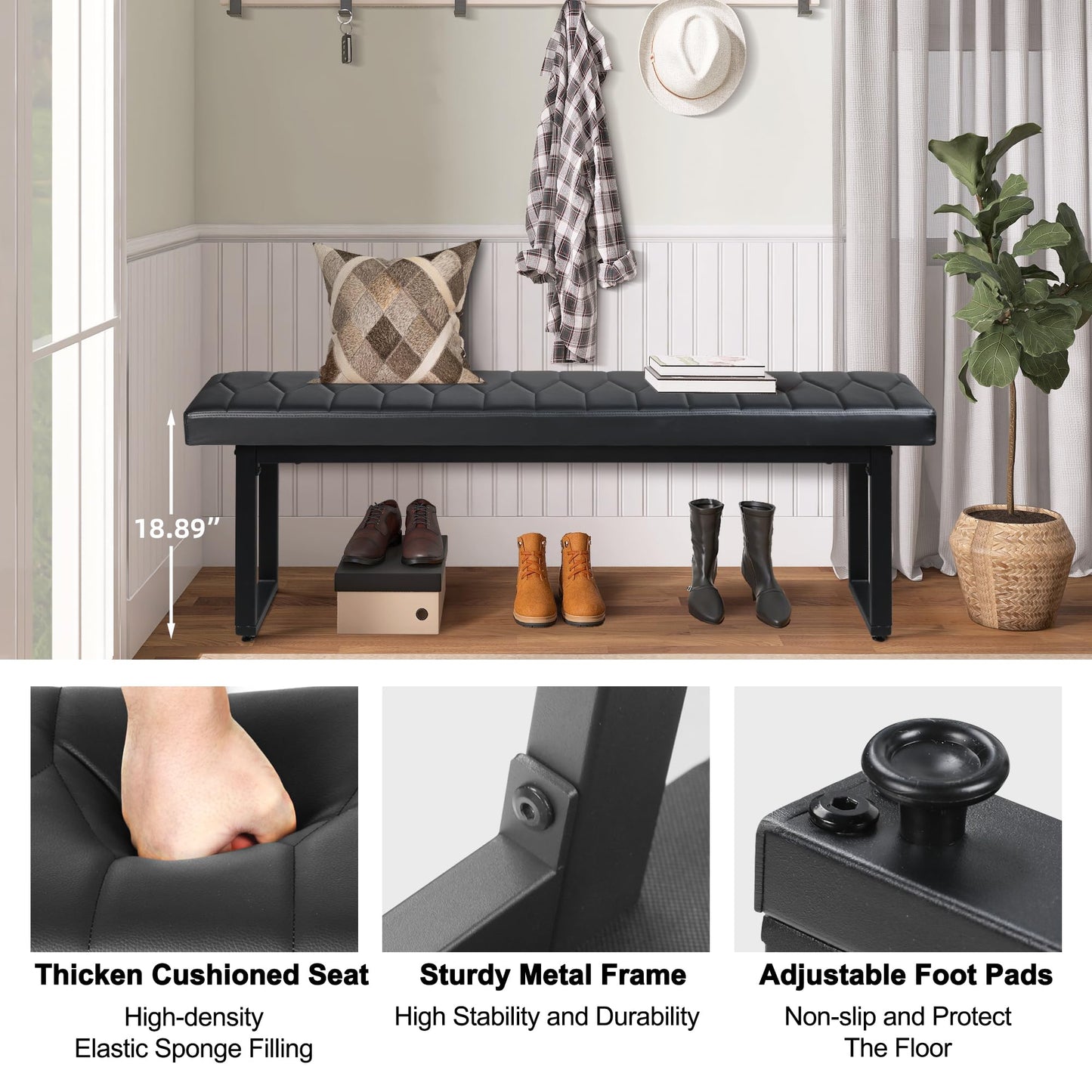 STHOUYN 58” Padded Dining Table Bench Pair of 2 for 6-8 Person, Faux Leather Indoor Cushioned Extra Long Bench for Dining Room Table, Bedside Shoe Entryway Benches (Black, 58")
