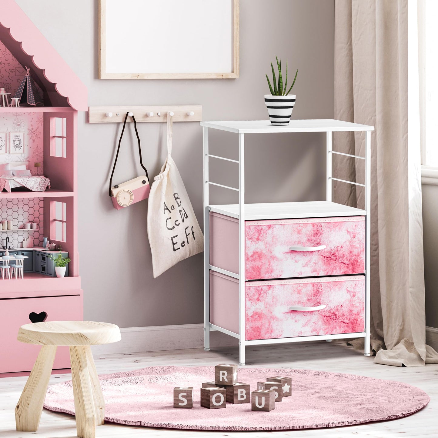 Sorbus 2 Drawer Shelf Storage Nightstand - Kids Bedside Furniture End Table Night Stand with Steel Frame Wood Top & Easy Pull Fabric Bins, Dresser & Chest for Home Bedroom Accessories Office & College