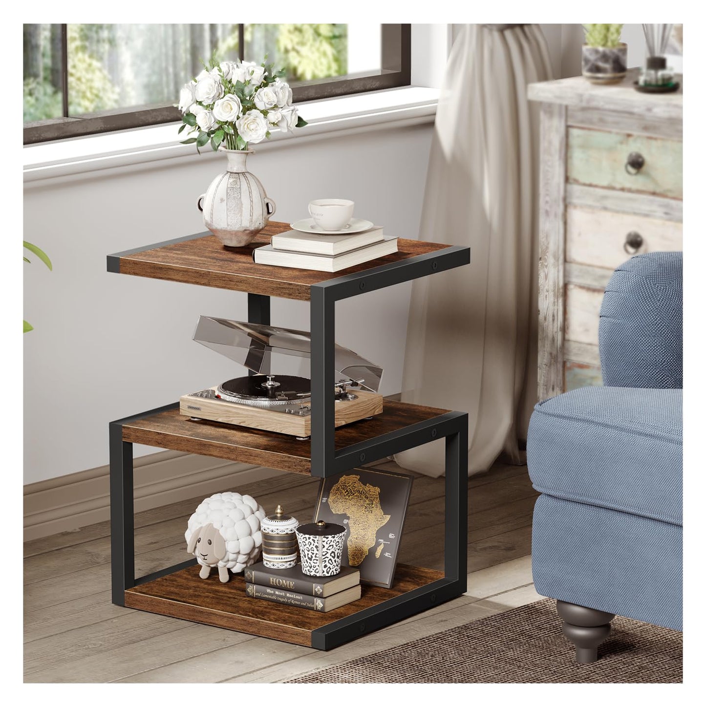 Asgolion Side Table with 3-Tier Storage, S-Shape Bedside End Table for Small Spaces, 21.6'' Small Nightstand for Living Room, Bedroom, Easy Assembly, Rustic Brown and Black