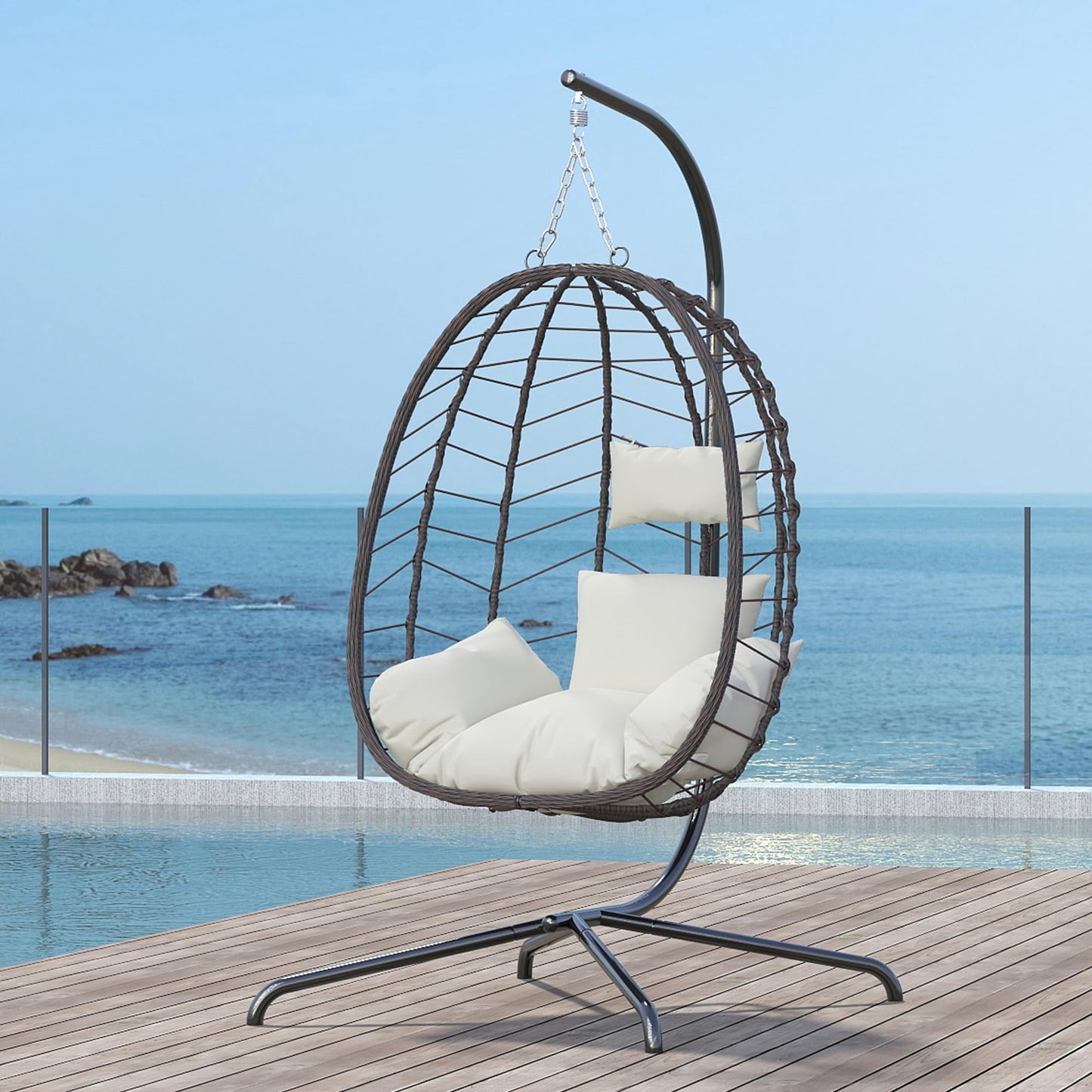 LEX CRAFT Hanging Egg Chair with Stand, Swinging Egg Chair Outdoor Indoor, Hanging Basket Chair with Cushion, Patio Wicker Hammock Chair 350lbs Capacity for Bedroom, Balcony, Backyard, Garden (Beige)