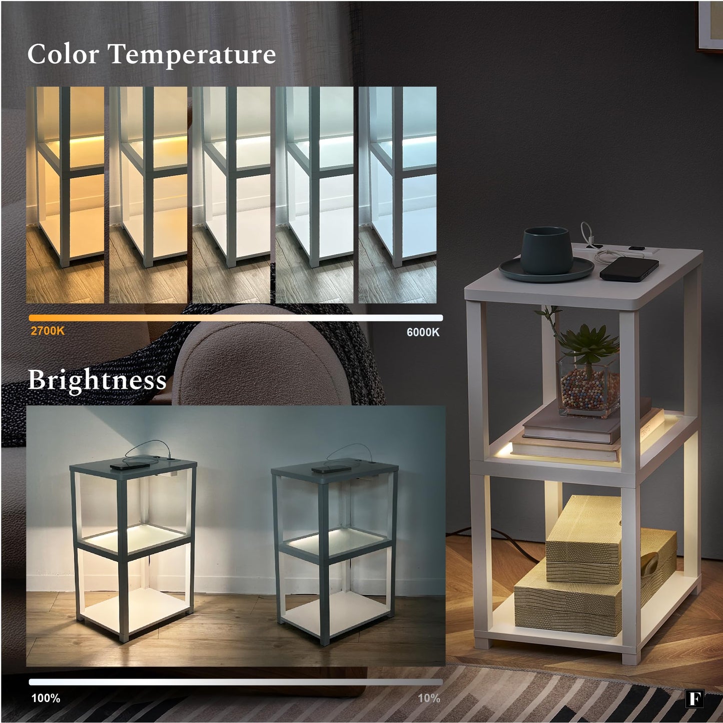 FENLO Nightstand with Charging Station, Small End Table with Charging, Side Table with Storage – Minimalist Nightstand for Bedroom or Small Spaces Flare