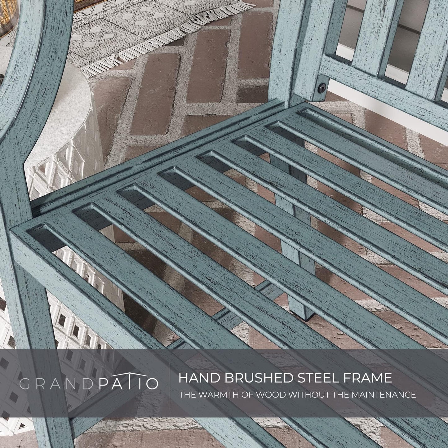 Grand patio 52" Farmhouse Outdoor Bench, Garden Benches with Anti-Rust Aluminum Metal Frame, Faux Wood Grain Finish Frame Patio Bench for Front Porch, Weathered Blue