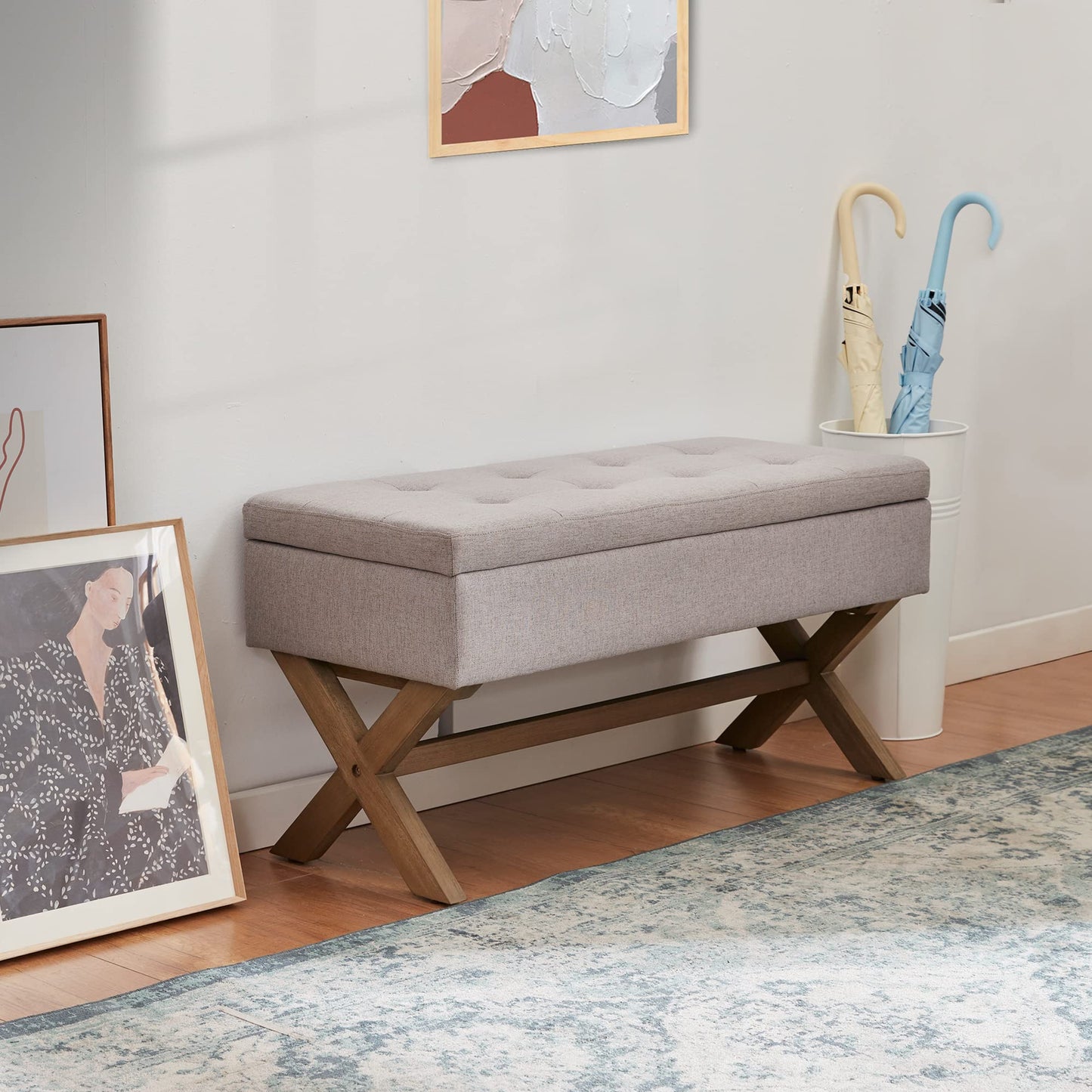 HUIMO 36-inch Entryway Bench with Storage,Dinning Benches Seat with X-Shaped Legs for Kitchen,Upholstered End of Bed Bench for Living Room, Bedroom.Storage Ottoman with Safety Hinge,Grey