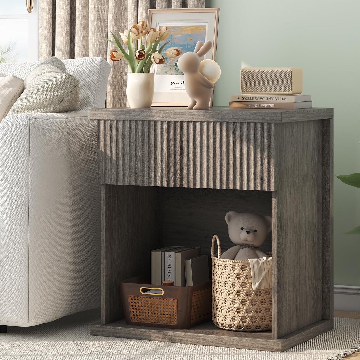 UNIQUITE Fluted Nightstand, 22.8" Wide Nightstands with Drawer Storage Large Wood BedsideTable Night Stand for Bedroom, Grey Oak