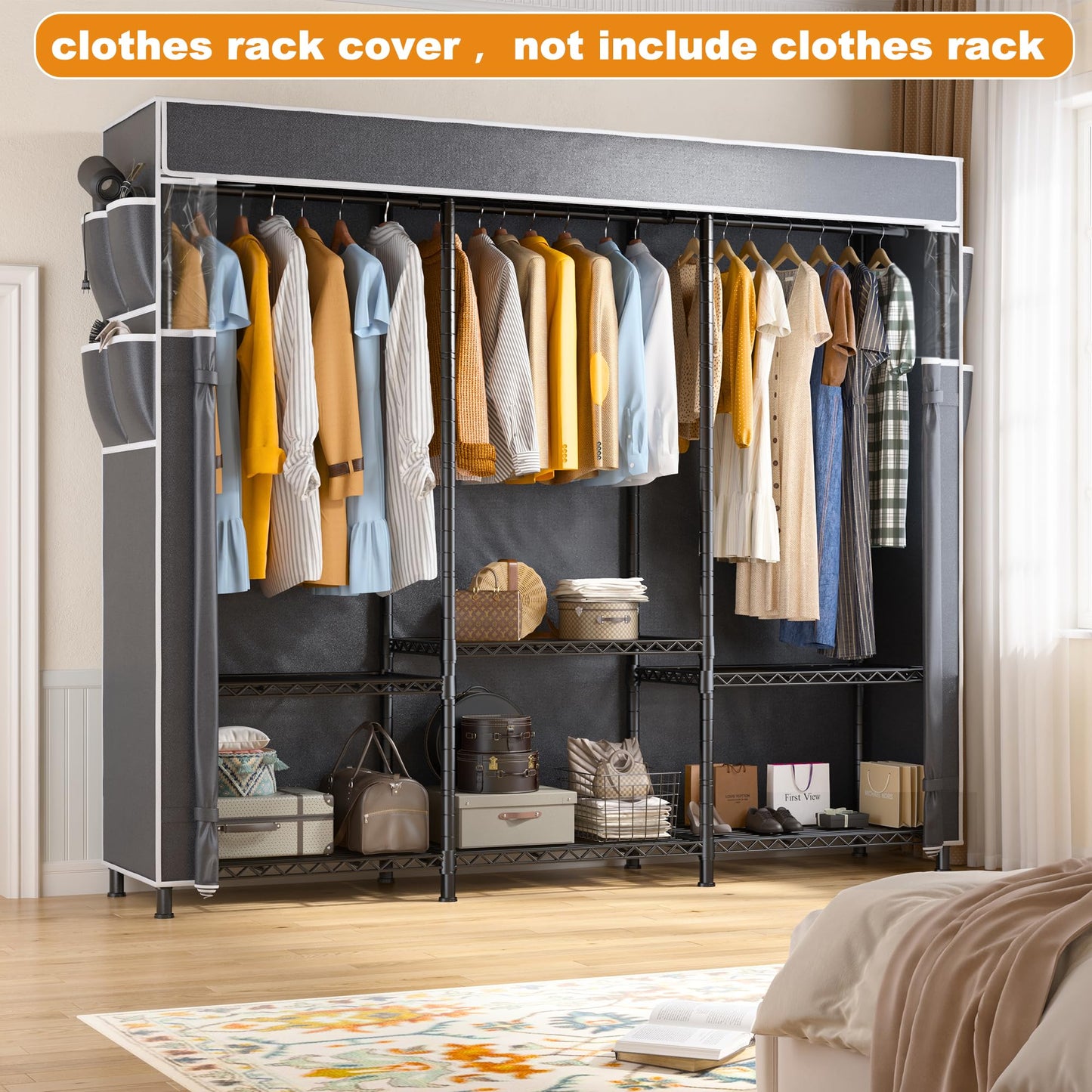 Raybee Garment Rack Cover Only, Fabric Clothing Rack Cover with Zipper, with PVC Clear Window & 8 Side Storage Pockets, Cover Only 76.7" W X 75.1" H X 17.9" D(Large)
