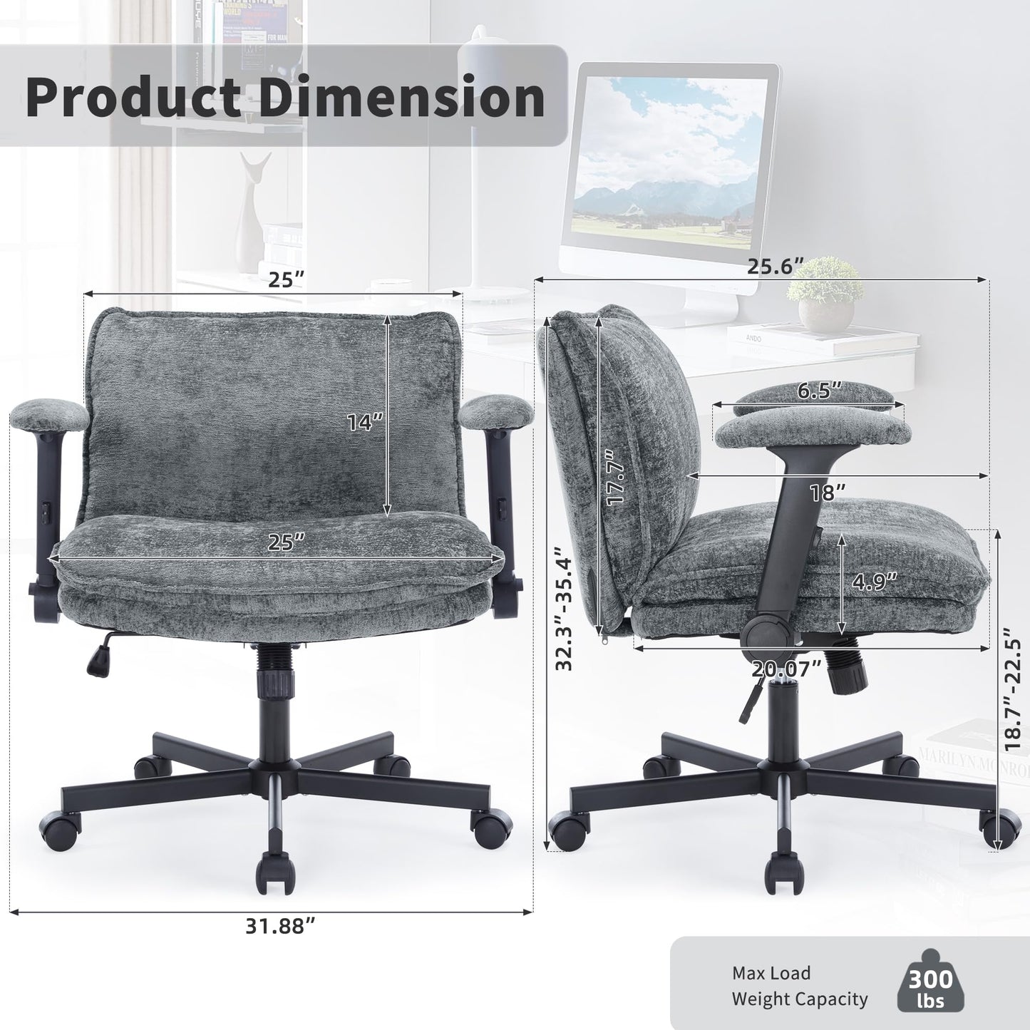 FanciSpot Cross Legged Office Chair with Wheels and Adjustable Flip-Arms, Criss Cross Desk Chair with Thick Cushion, Wide Seat Chair for Home Office, Apartment, Bedroom, Grey