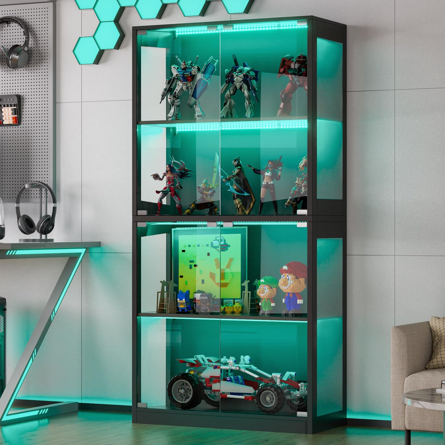 Grepatio Display Cabinet with Glass Doors, 4-Tier Curio Display Case, Collectibles Display Shelf with 12 Color Lights, Toy Bookshelf and Bookcase Cabinet for Collectible Playroom (Black)