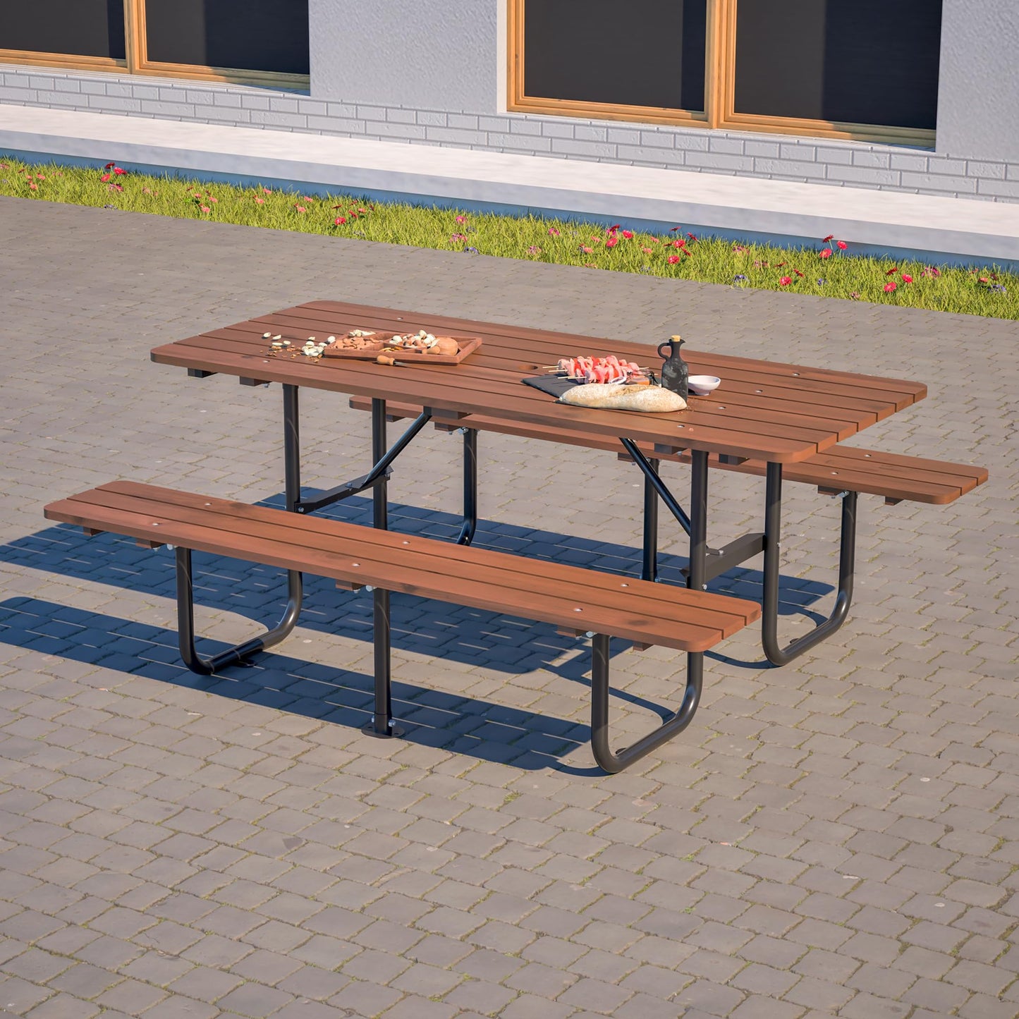 QUAWIP 72" Rectangular Outdoor Picnic Table - 6 Person Brown Wooden Dining Set with Built-in Benches, Ideal for Garden BBQ & Courtyards