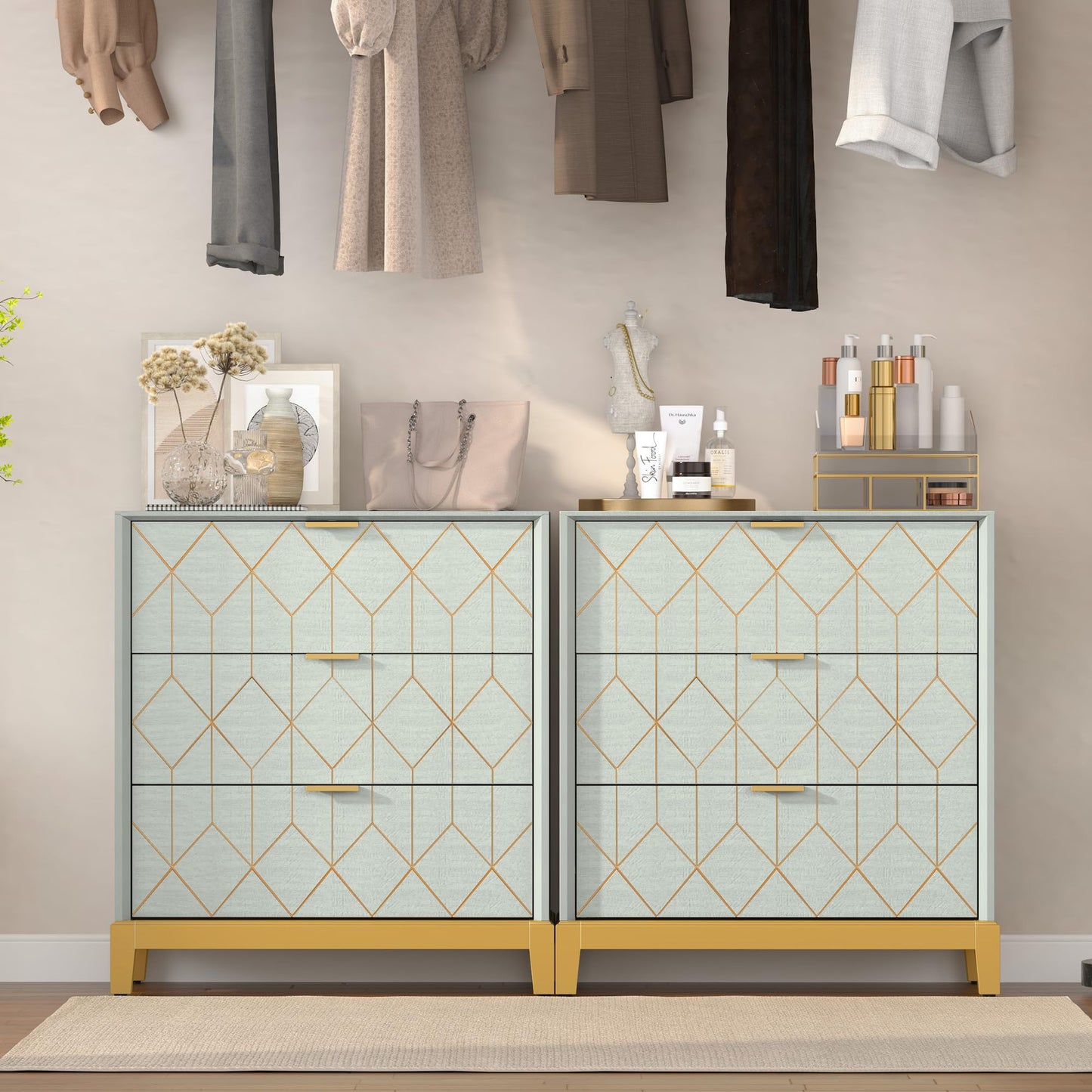 HLR 3 Drawer Dresser for Bedroom, Modern Wood Chest of Drawers with Gold Trim, Accent Dresser Storage Tower, Green Organizer Cabinet for Closet, Living Room, Hallway, Entryway
