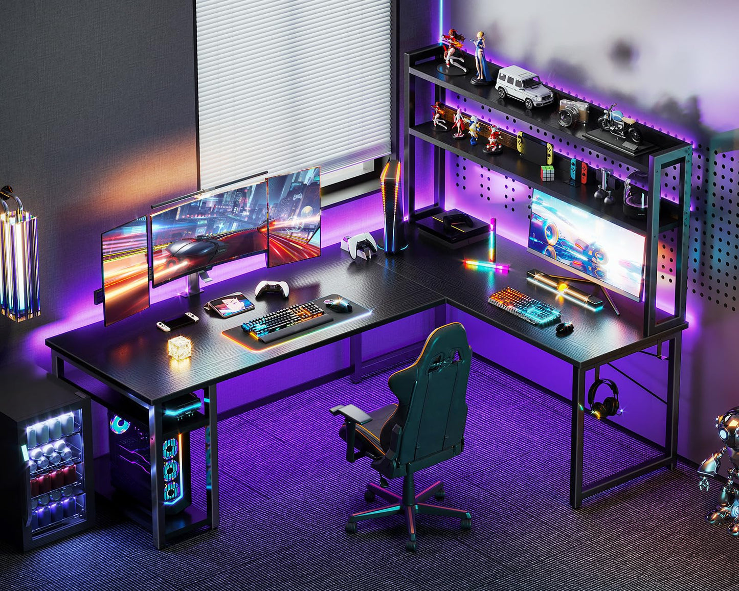 ODK L Shaped Gaming Desk with Hutch, Computer Desk with Storage Shelves, 66" L Shaped Desk for Home Office, Corner Desk with Headphone Hook, Black