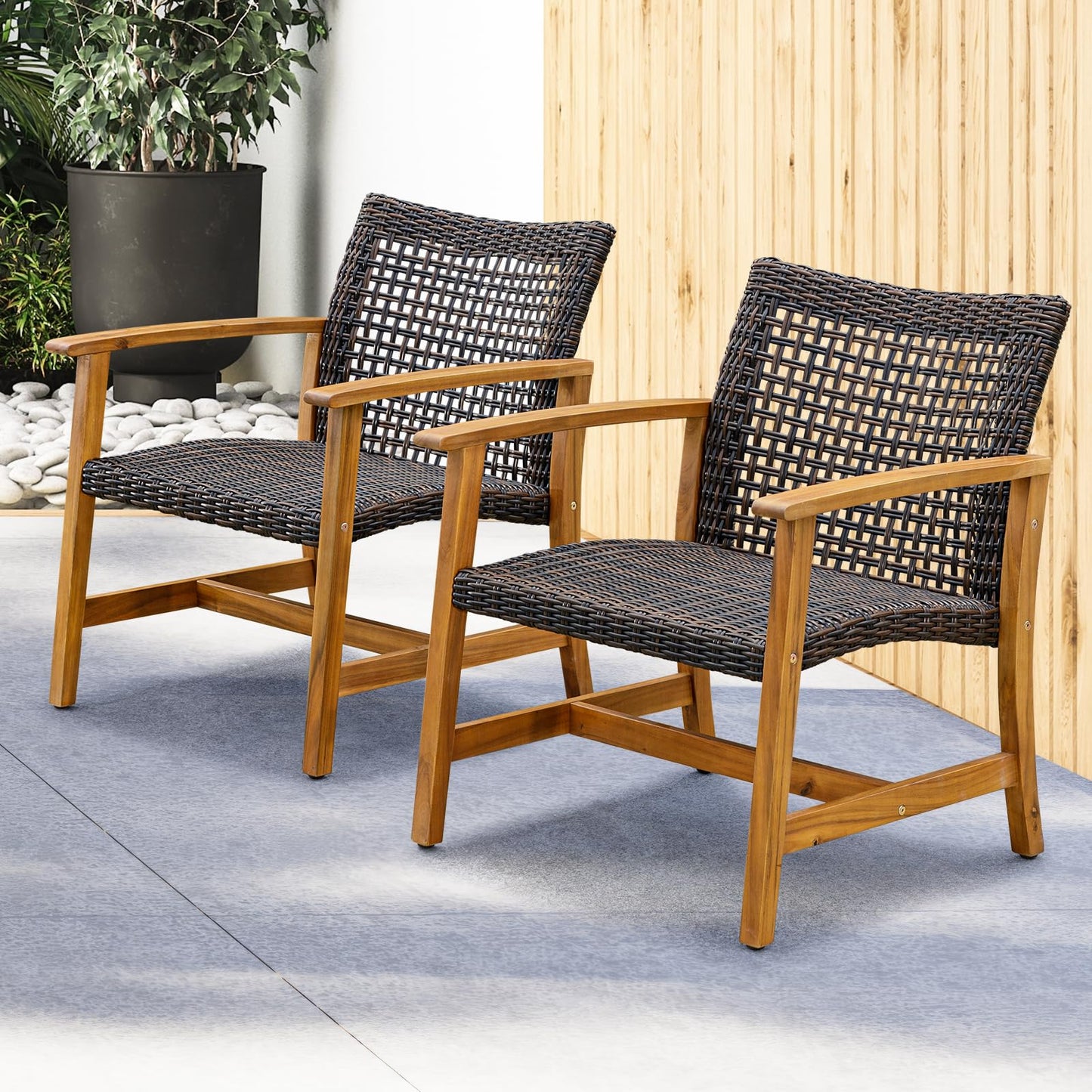 IDZO Liberte 500lbs Capacity Acacia Outdoor Club Chairs Set of 2, FSC Teak Finish Wood Patio Furniture Sets with Upgraded 2000Hours UV Resistant Wicker