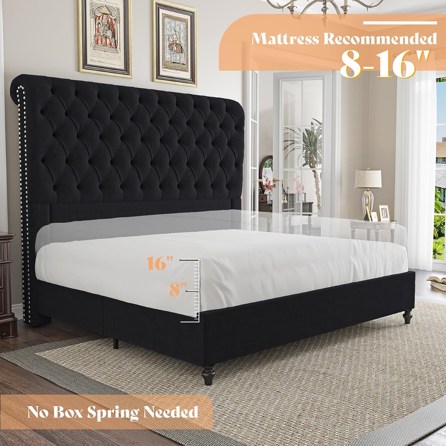 AMERLIFE King Size Bed Frame with 60" Tall Wingback Headboard, Velvet Upholstered Platform, Button Tufted Sleigh Design, No Box Spring Needed,Black