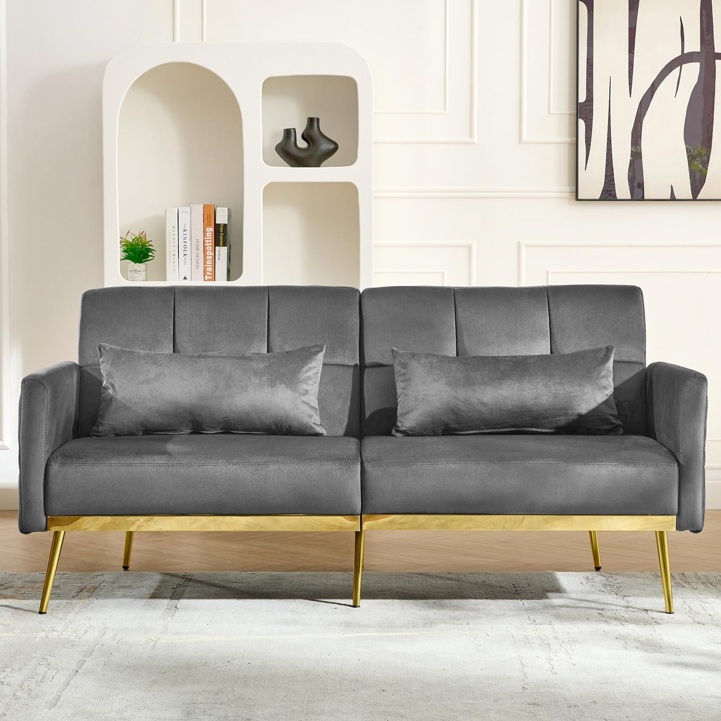 DIFY 70'' Velvet Futon Sofa Bed, Convertible Sleeper Sofa Tufted Couch with Adjustable Armrests and Backrest, Modern Loveseat Sleeper Bed with 2 Bolster Pillows for Living Room, Grey