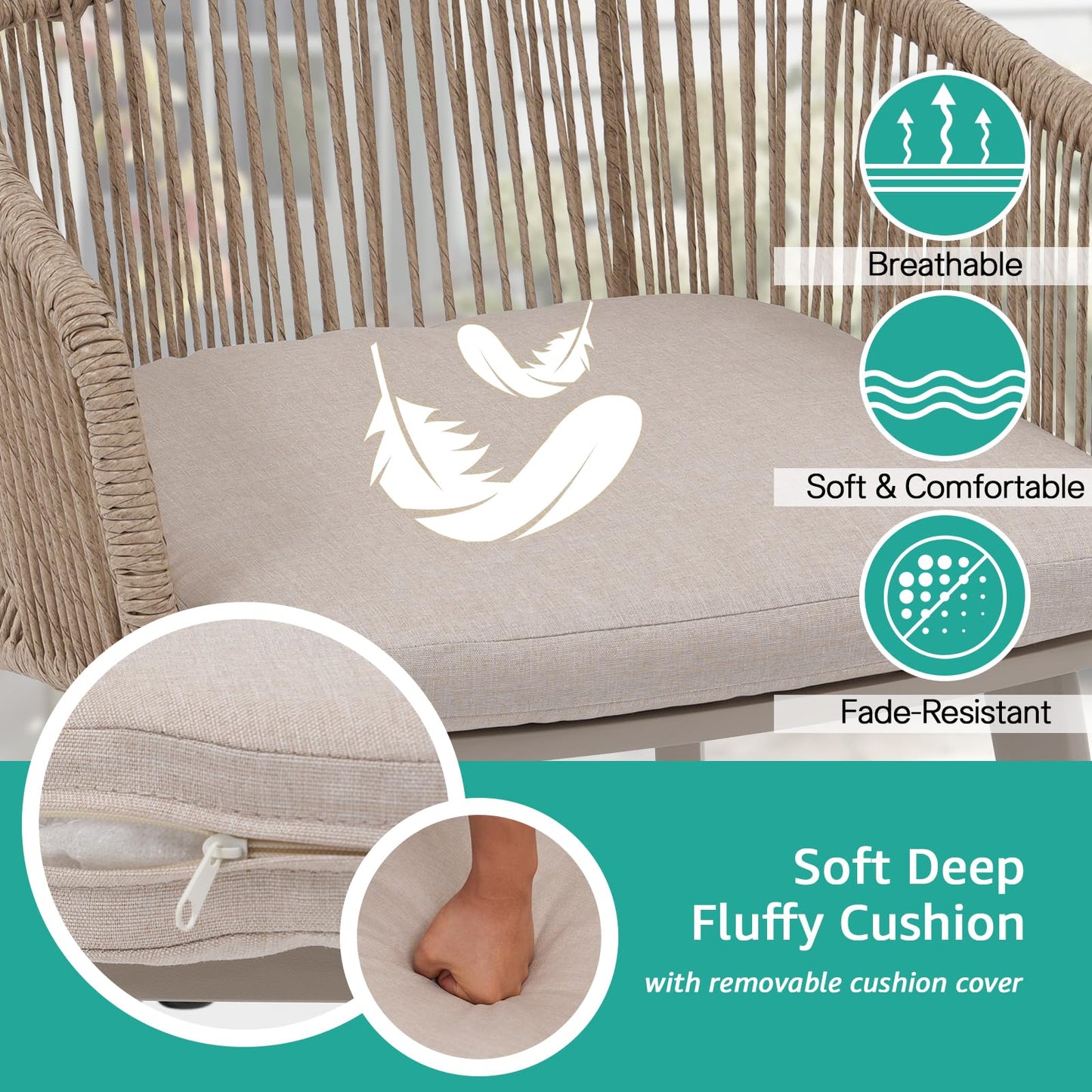 Patiorama Outdoor Bar Stools Set of 2, 46"" Counter Height Bar Stools Chair w/Woven Rope Back and Arm, Patio Metal Modern Wicker Bar Chairs, Rattan Bar Stool for Kitchen Island, Pool, Indoor,Beige