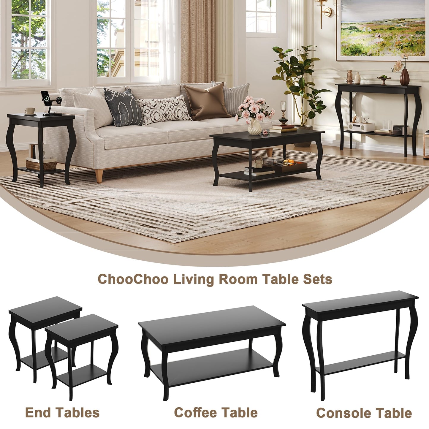 ChooChoo End Tables Living Room, Side Tables Living Room with Curved Legs and Storage Shelf, Small End Tables for Small Spaces, Black