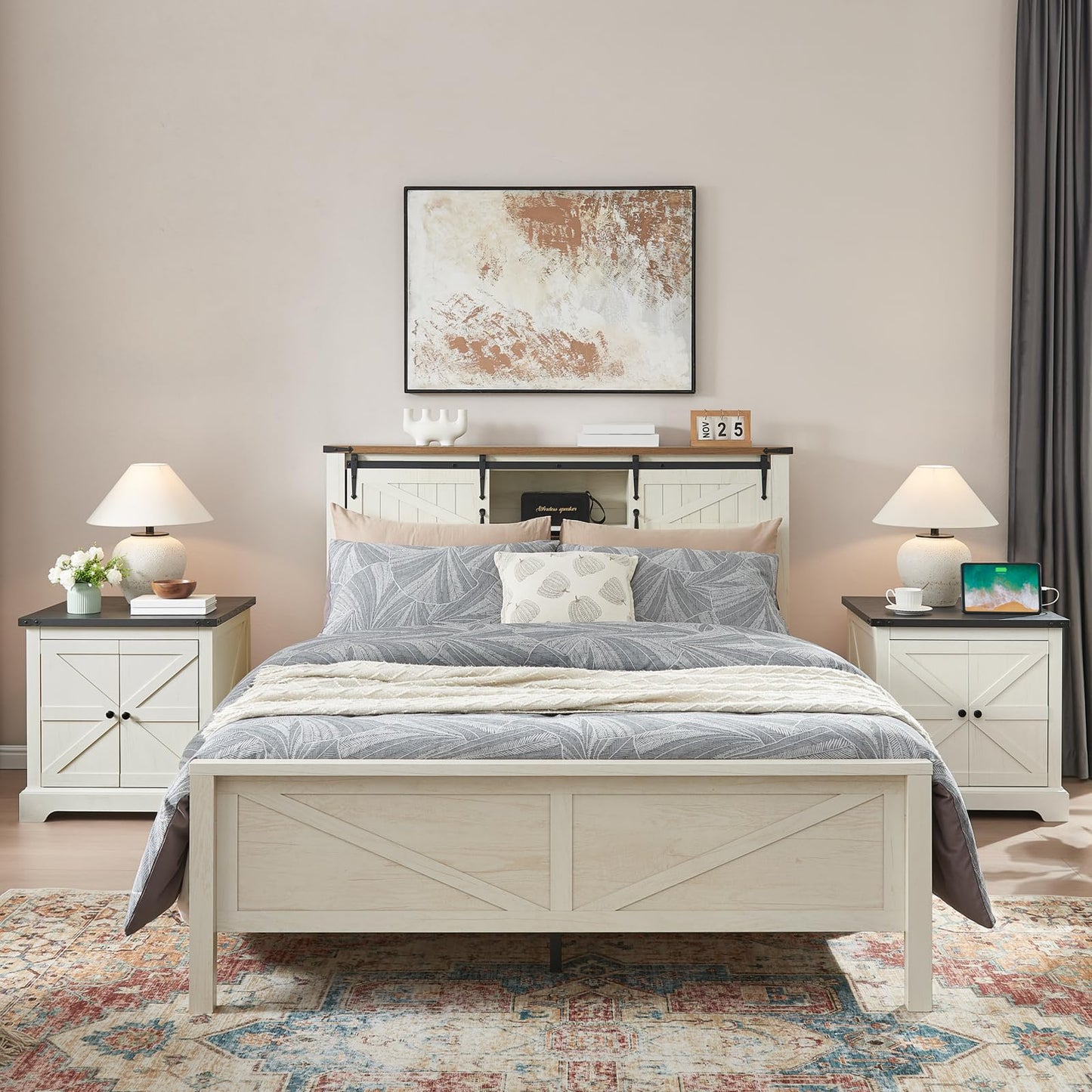 QUW 24" End Table Set of 2 with Charging Station, Side Table with Barn Door and Adjustable Shelves, Farmhouse Bedside Table, Nightstand for Bedroom, Living Room, White