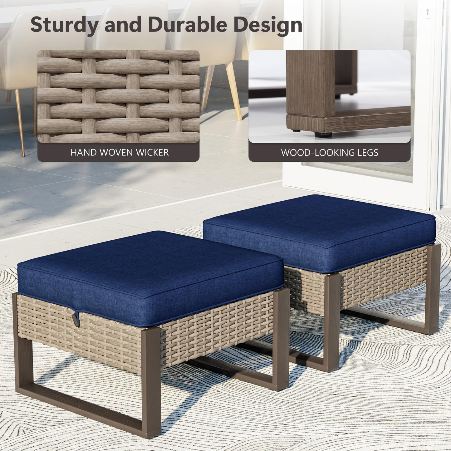 MaxMulti Patio Ottomans Set of 2, Outdoor Wicker Footrest with Thickened Cushions, Multipurpose Metal Patio Furniture for Outdoor, Backyard and Deck Use (Blue)