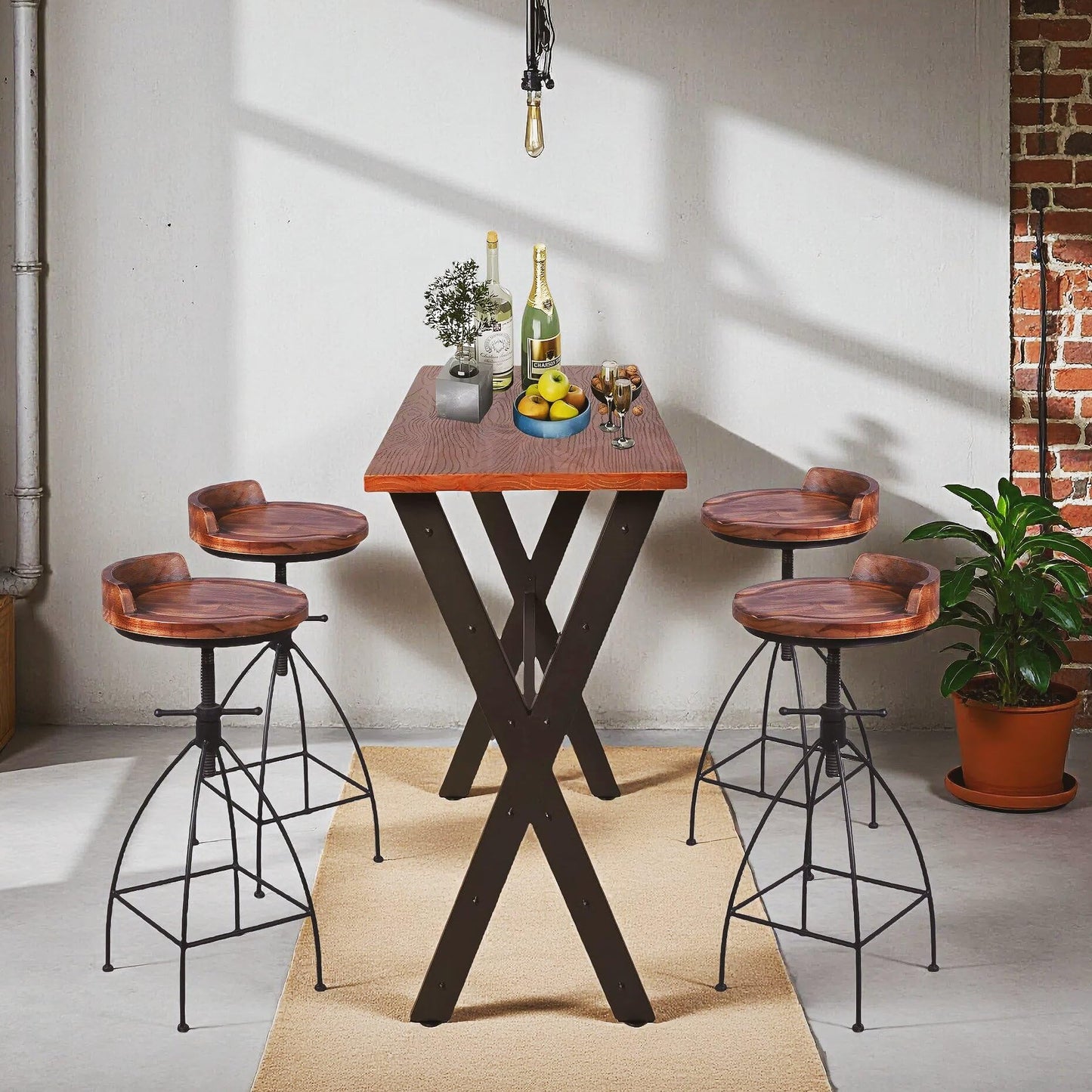 Diwhy 5 Piece Bar Table and Chairs Set, Industrial Rustic 41.3" Height Wood Top Pub Bar Table and Kitchen Counter Height Adjustable Stool, Hump Surface, Black, Set of 4