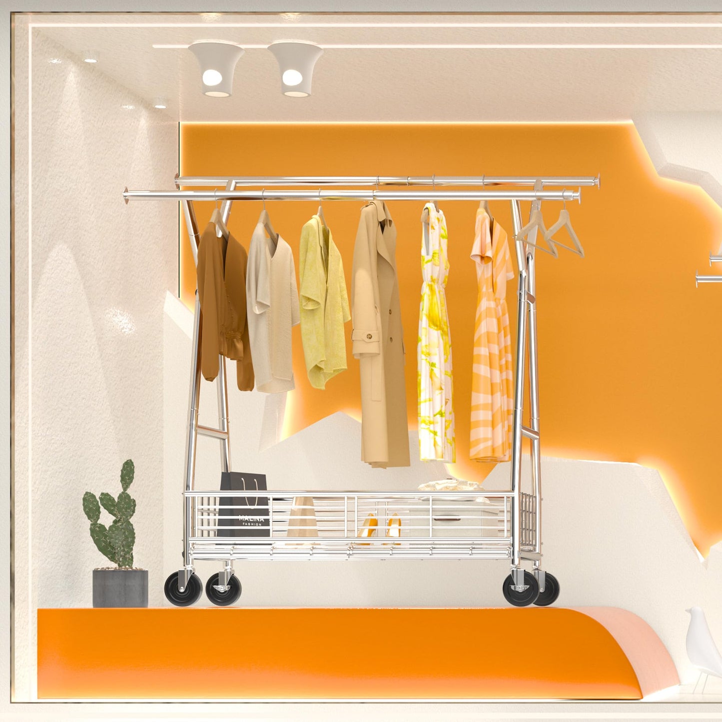 Raybee Heavy Duty Clothes Rack, 350LBS Clothing Rack with Sturdy Wheels and Shelves, Double Rods Clothing Racks for Hanging Clothes Commercial Portable Adjustable Garment Rack, Chrome