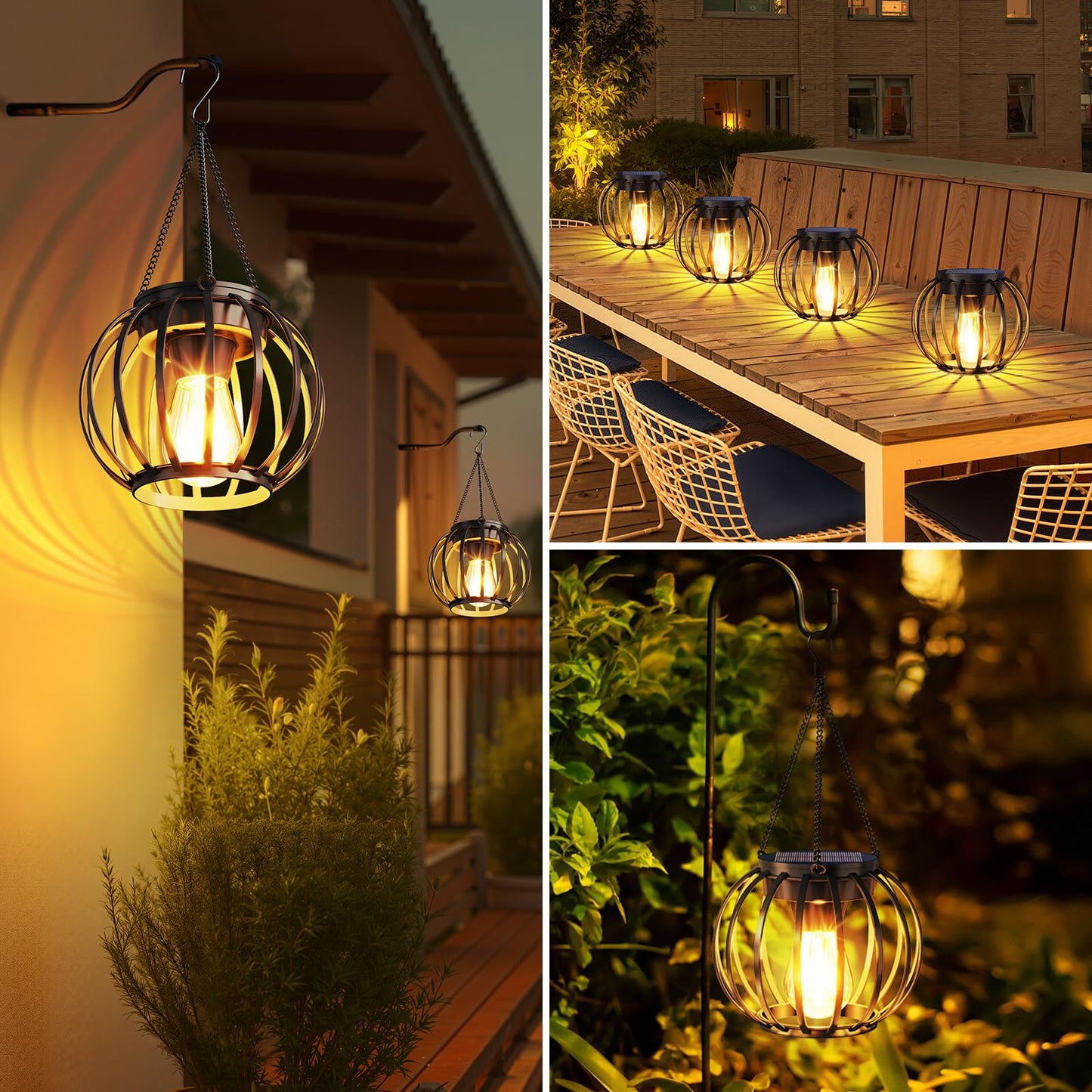 AOUNQ Solar Lanterns Outdoor Waterproof 4 Pack, Upgraded Metal Hanging Solar Lights for Outside with Auto On/Off & Hook - Brighter Hanging Outdoor Lanterns Decorative Lighting for Garden Patio Yard