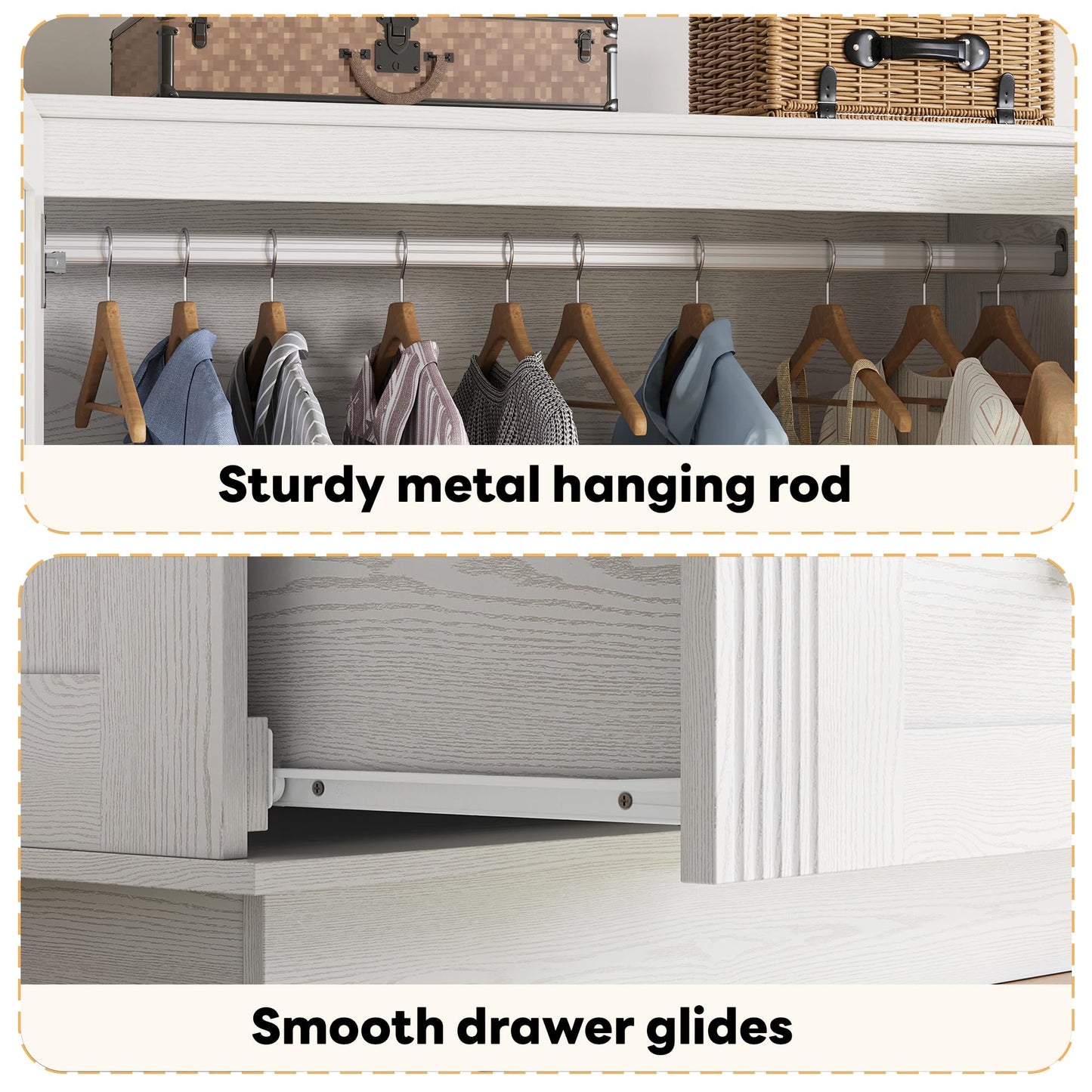 LIKIMIO Farmhouse Wardrobe Closet with Doors, 70" Bedroom Armoires with LED Lights and Hanging Rod, Wooden Large Wardrobe Cabinet with 2 Drawers and 1 Cabinet, Classic White