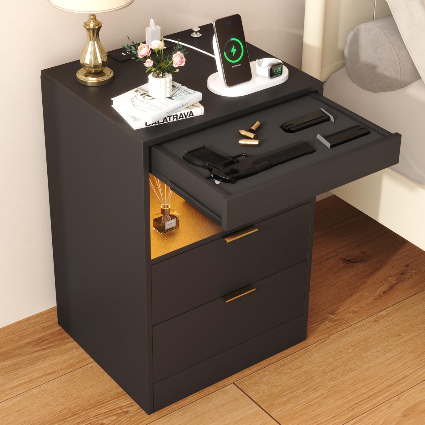 Yusong Night Stand with Gun Drawer & Invisible Lock, Bedside Table, LED Nightstand with Charging Station, Modern Night Stand, Wood Sofa Couch End Side Table with 2 Pull-Out Shelf, Black